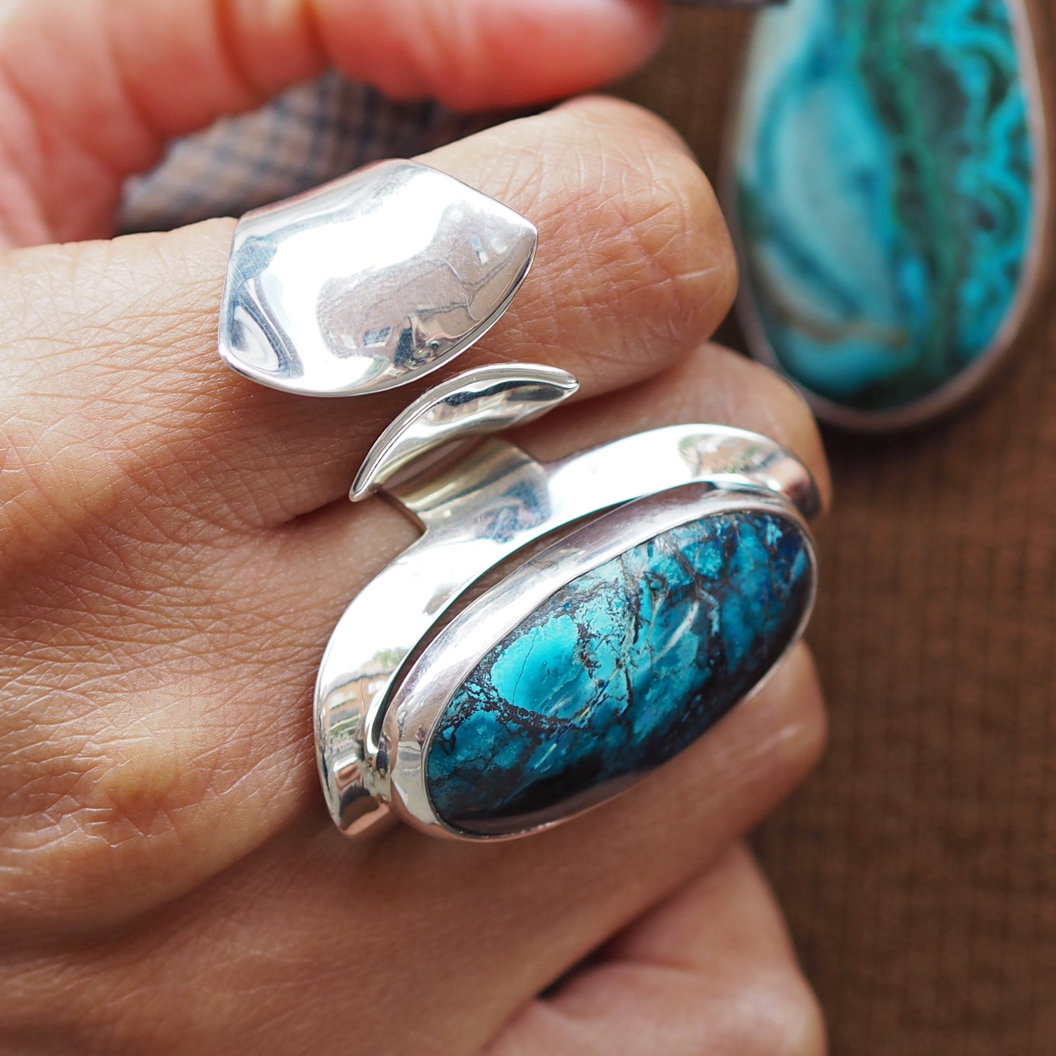 Monet Shattuckite Gemstone Large Adjustable Ring A Set in Sterling Silver
