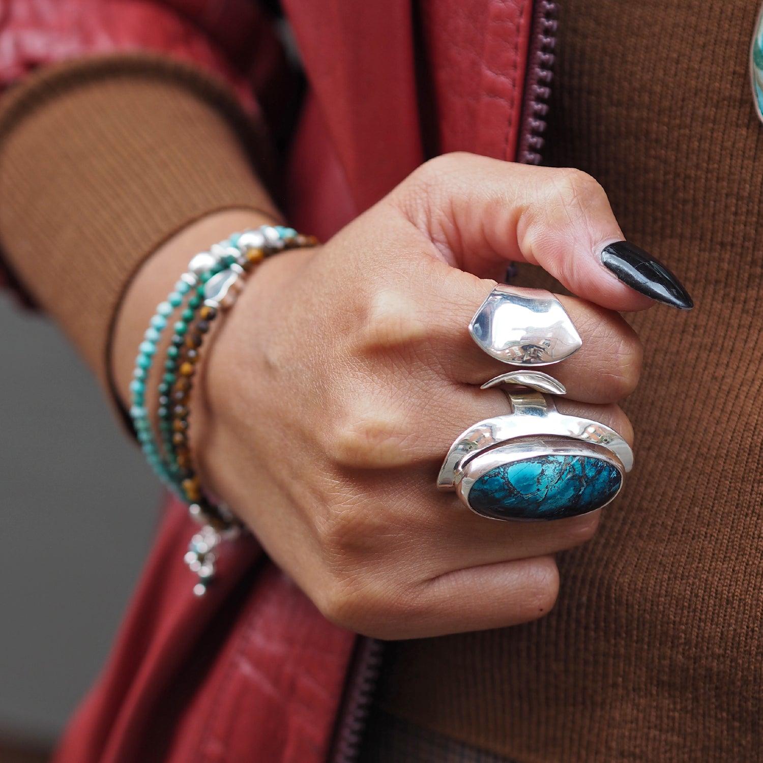 Monet Shattuckite Gemstone Large Adjustable Ring A Set in Sterling Silver