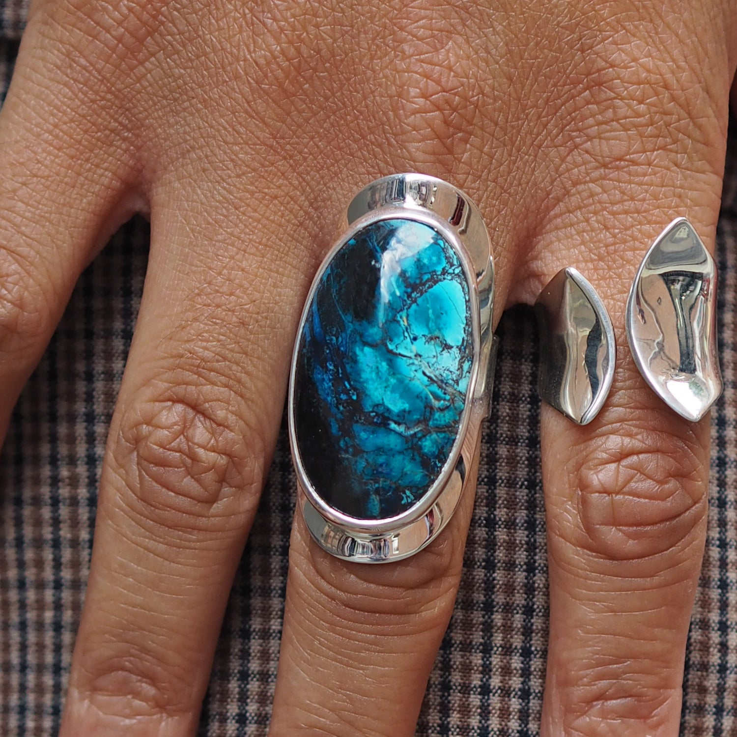 Monet Shattuckite Gemstone Large Adjustable Ring A Set in Sterling Silver