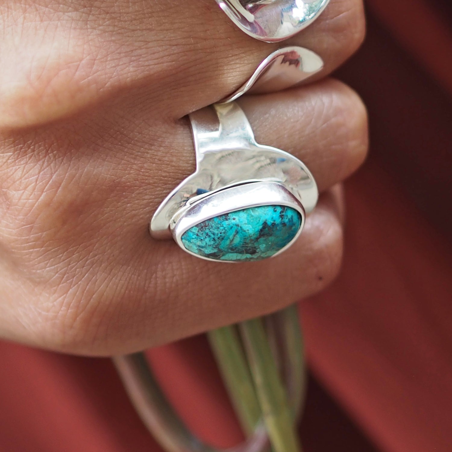 Monet Shattuckite Gemstone Small Adjustable Ring A Set in Sterling Silver
