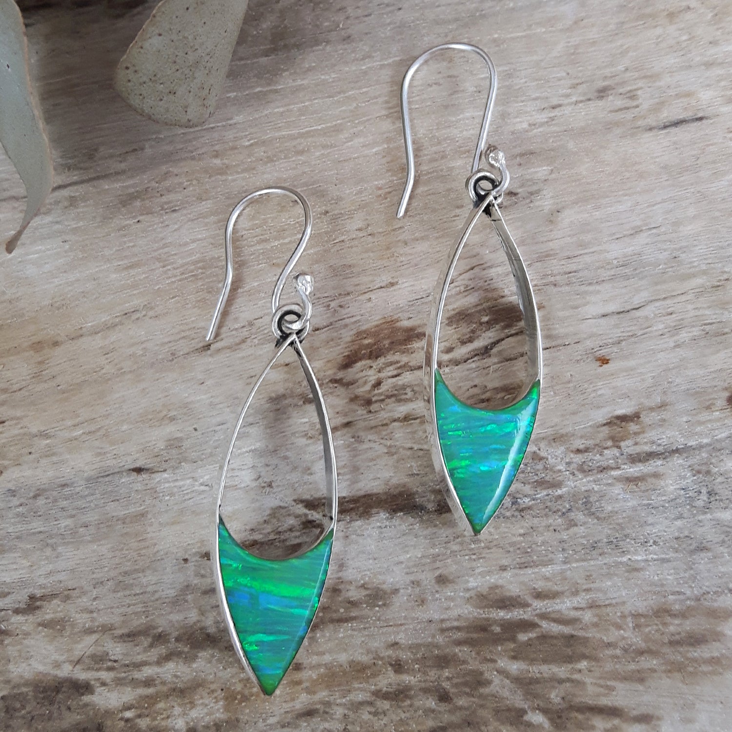Flinder Finella Green Cultured Opal & Sterling Silver Drop Earrings