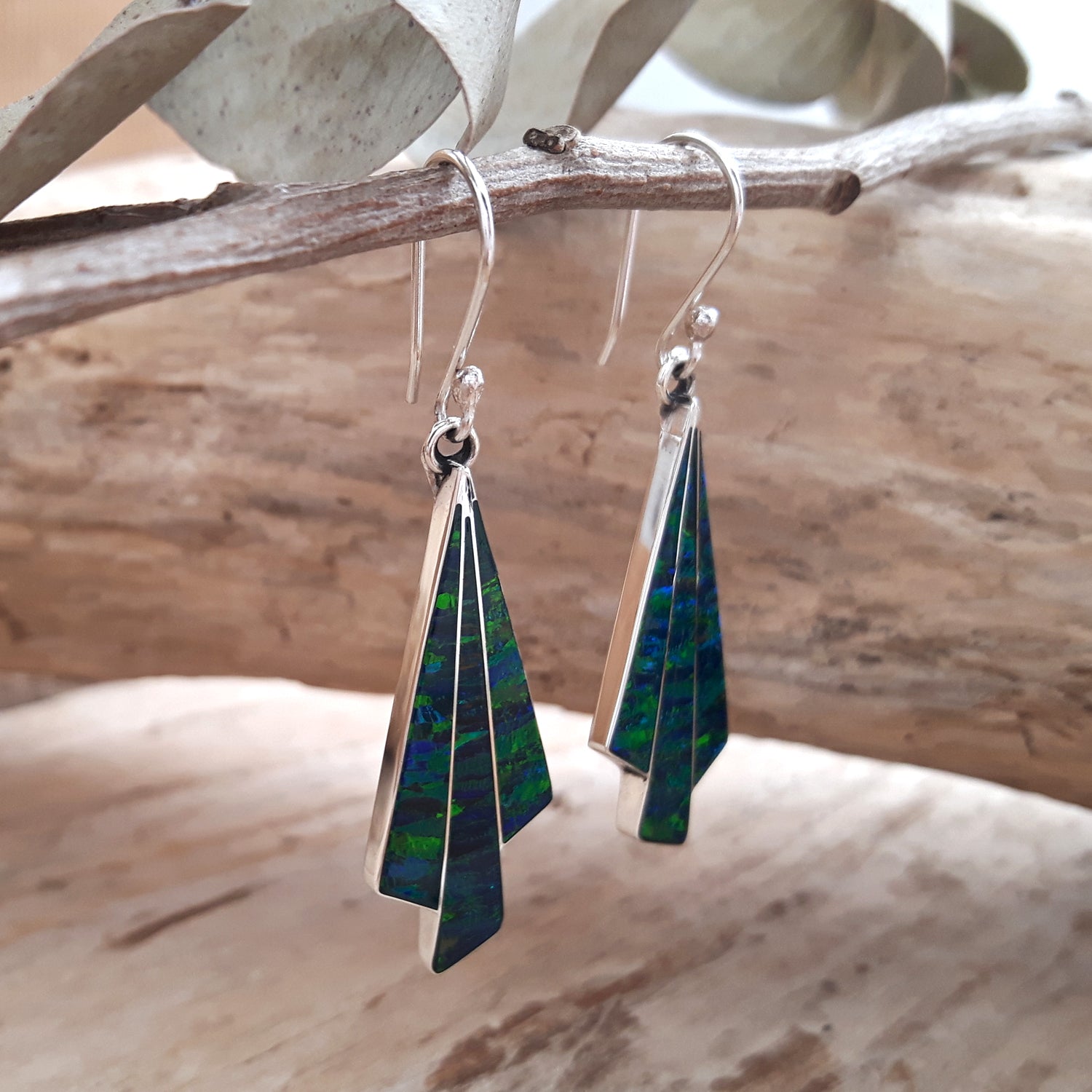 Flinder Seraphine Emerald Sterling Drop Earrings with Cultured Opal Inlay