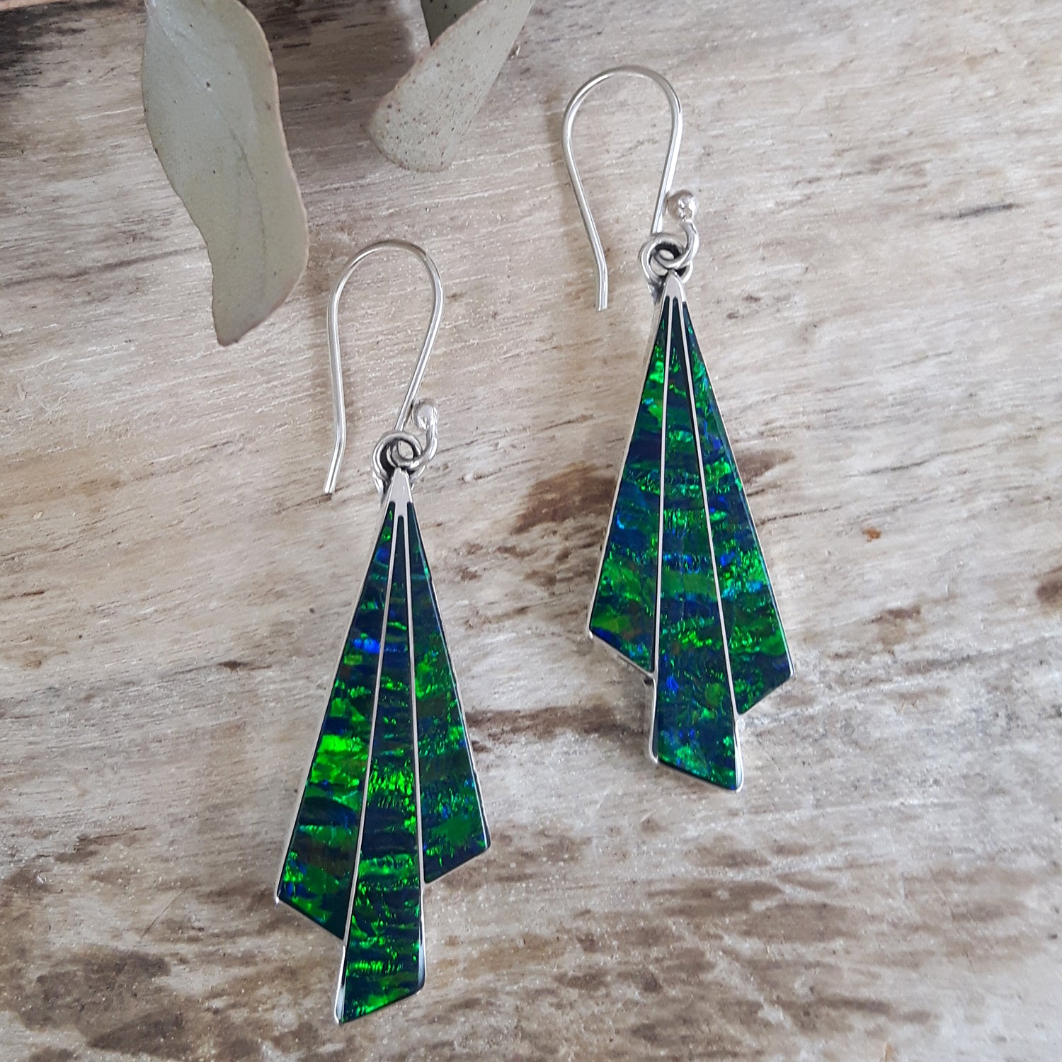 Flinder Seraphine Emerald Sterling Drop Earrings with Cultured Opal Inlay