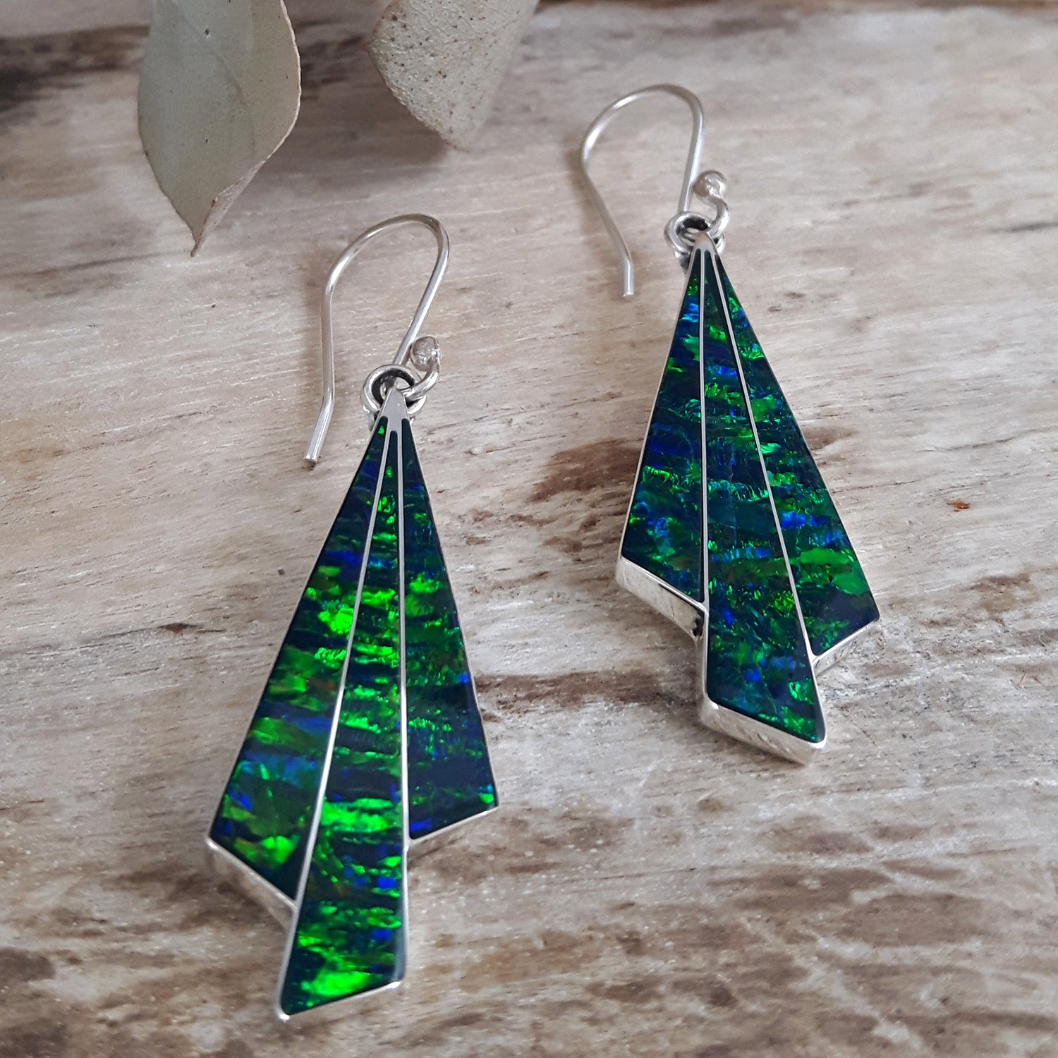 Flinder Seraphine Emerald Sterling Drop Earrings with Cultured Opal Inlay