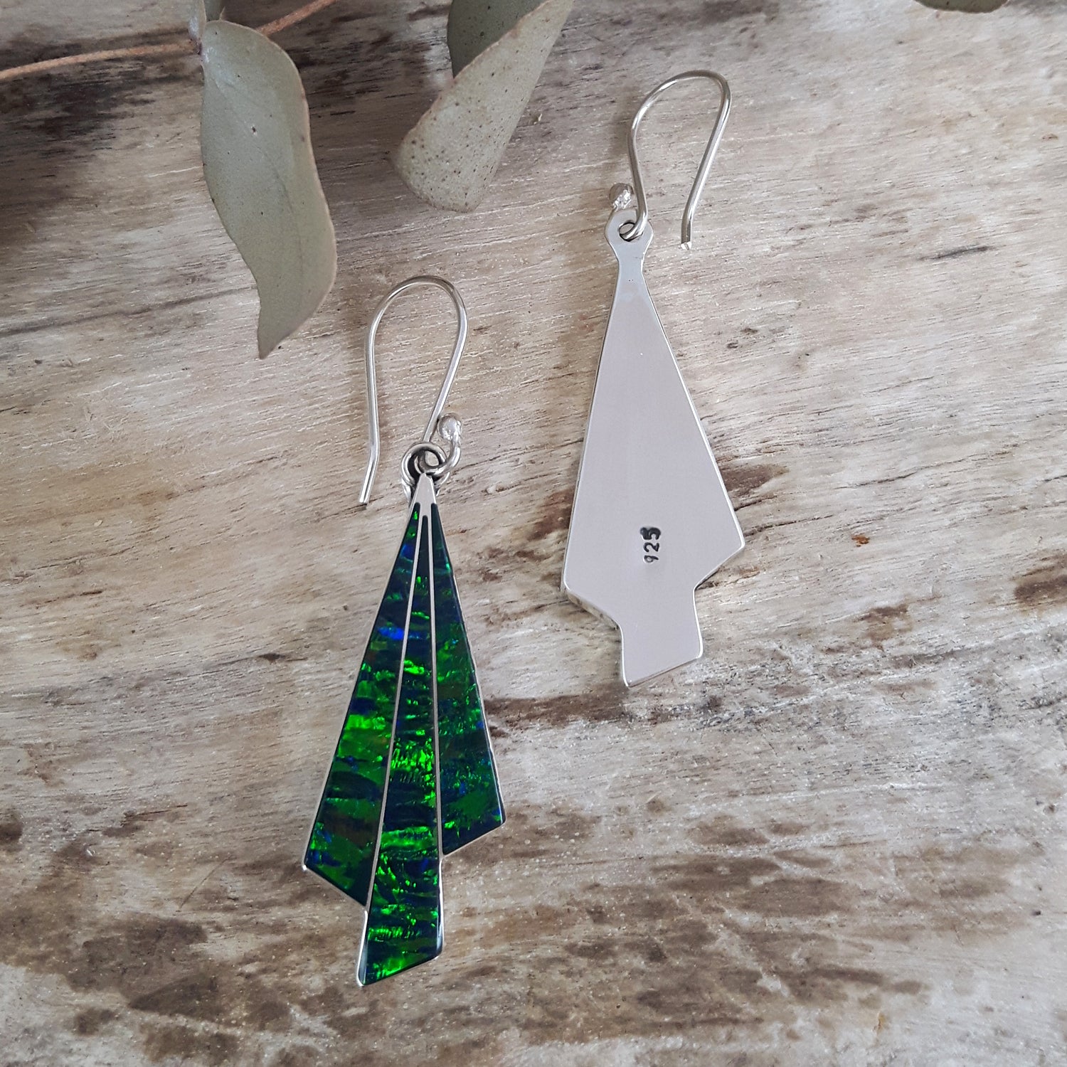 Flinder Seraphine Emerald Sterling Drop Earrings with Cultured Opal Inlay