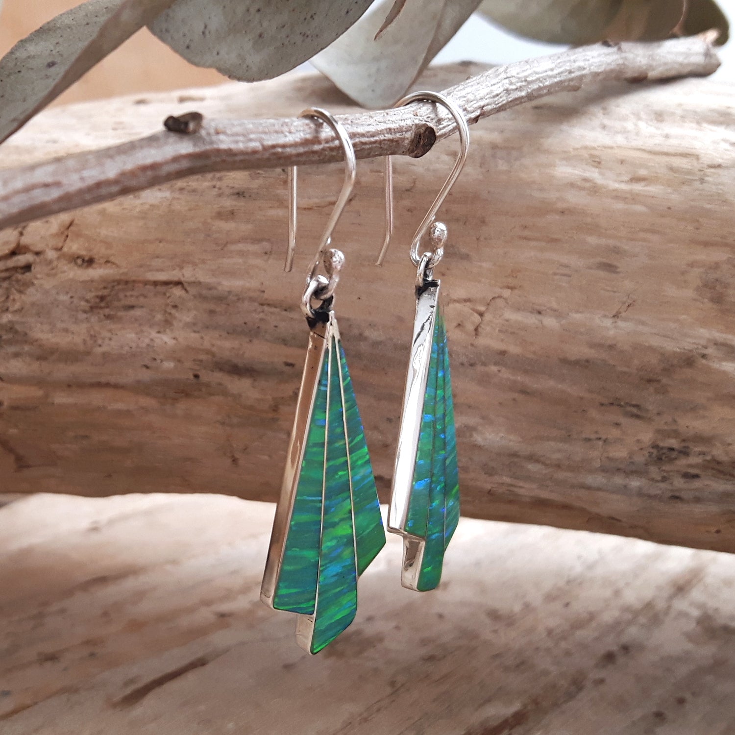Flinder Seraphine Green Sterling Silver Drop Earrings with Cultured Opal Inlay
