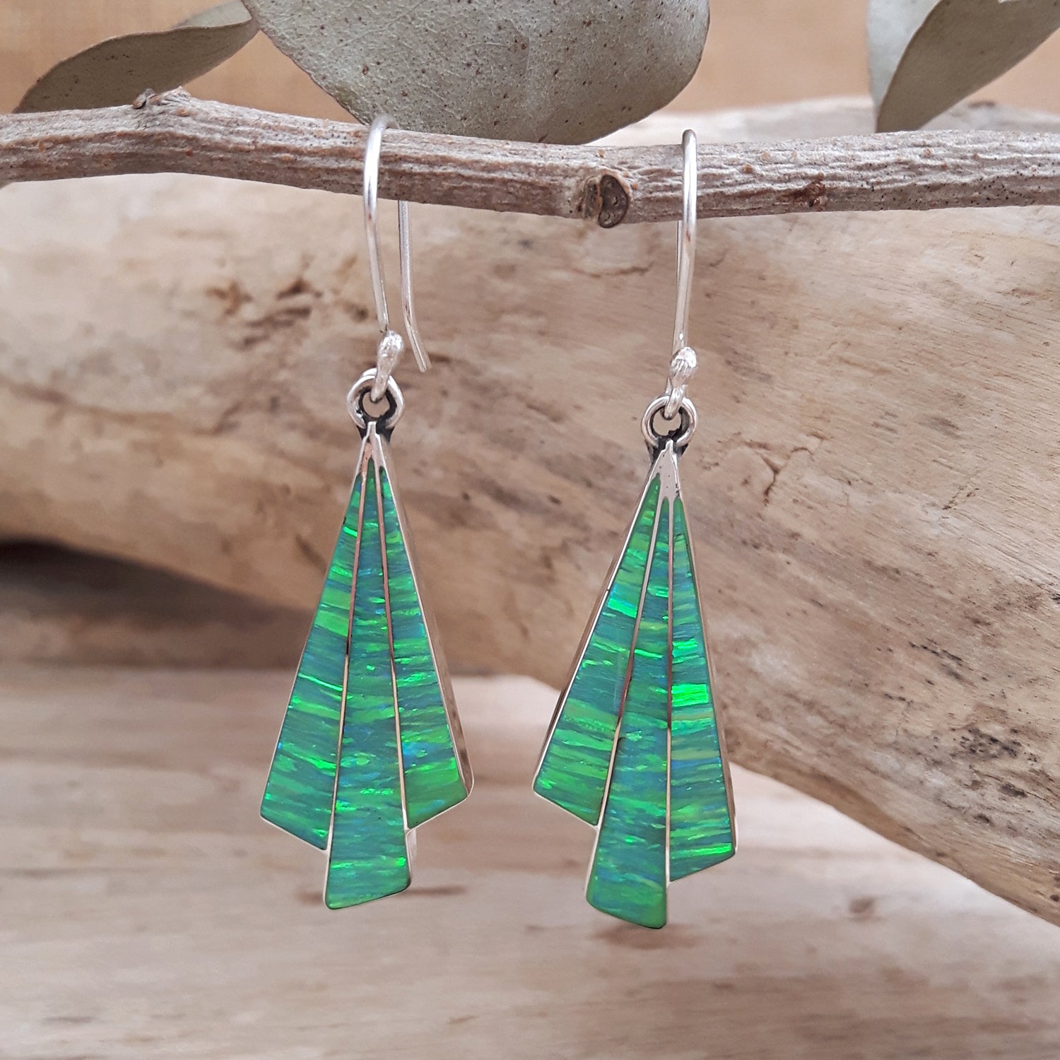 Flinder Seraphine Green Sterling Silver Drop Earrings with Cultured Opal Inlay