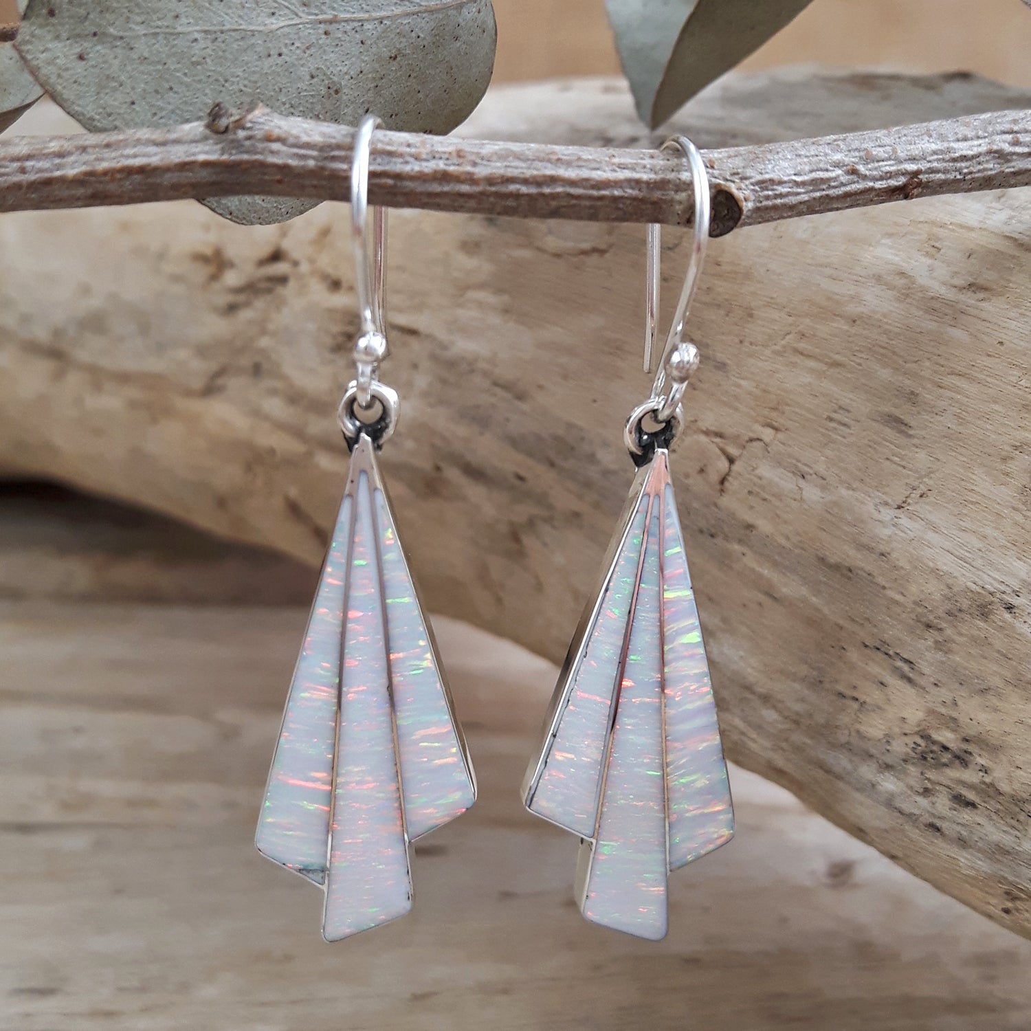 Flinder Seraphine White Sterling Silver Drop Earrings with Cultured Opal Inlay
