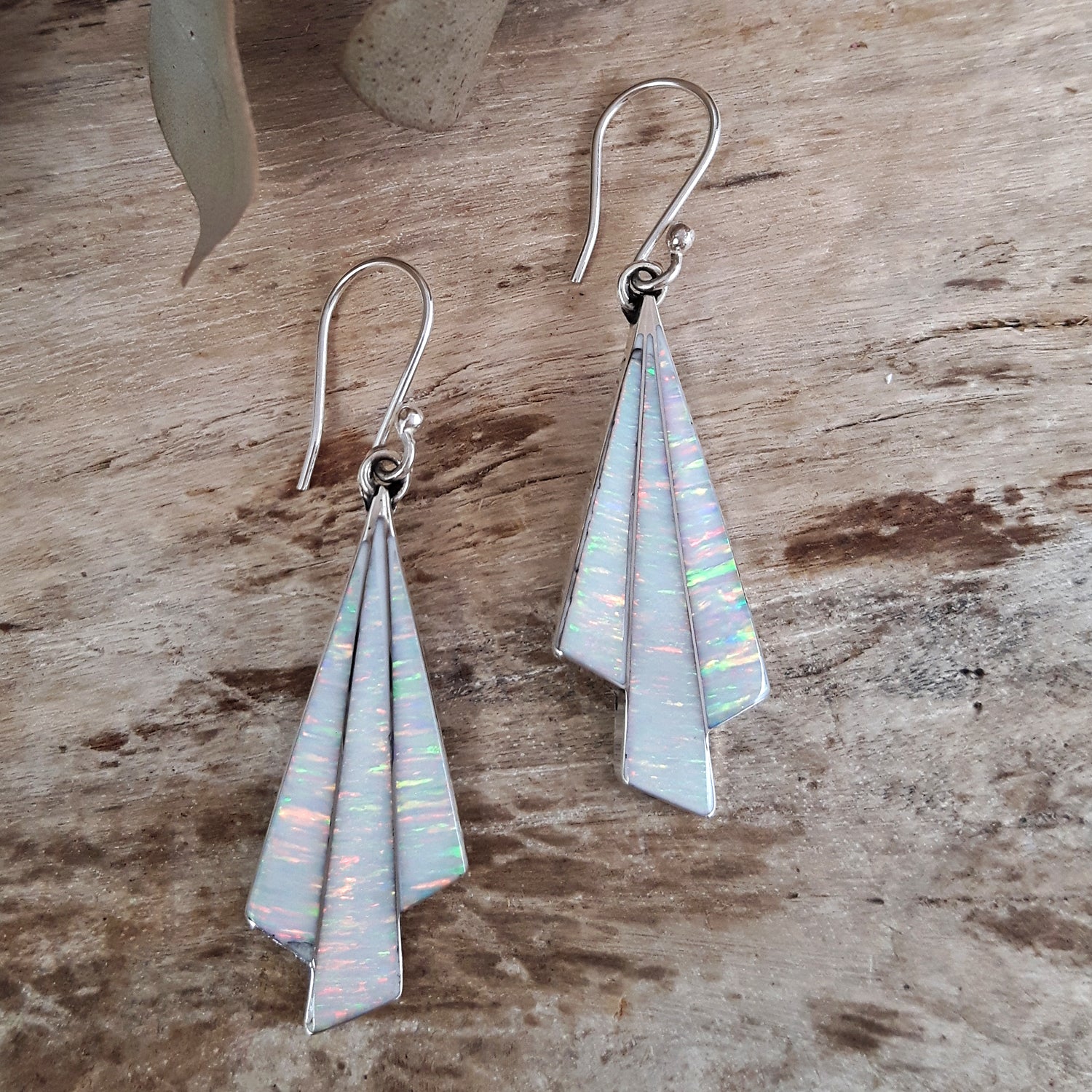 Flinder Seraphine White Sterling Silver Drop Earrings with Cultured Opal Inlay
