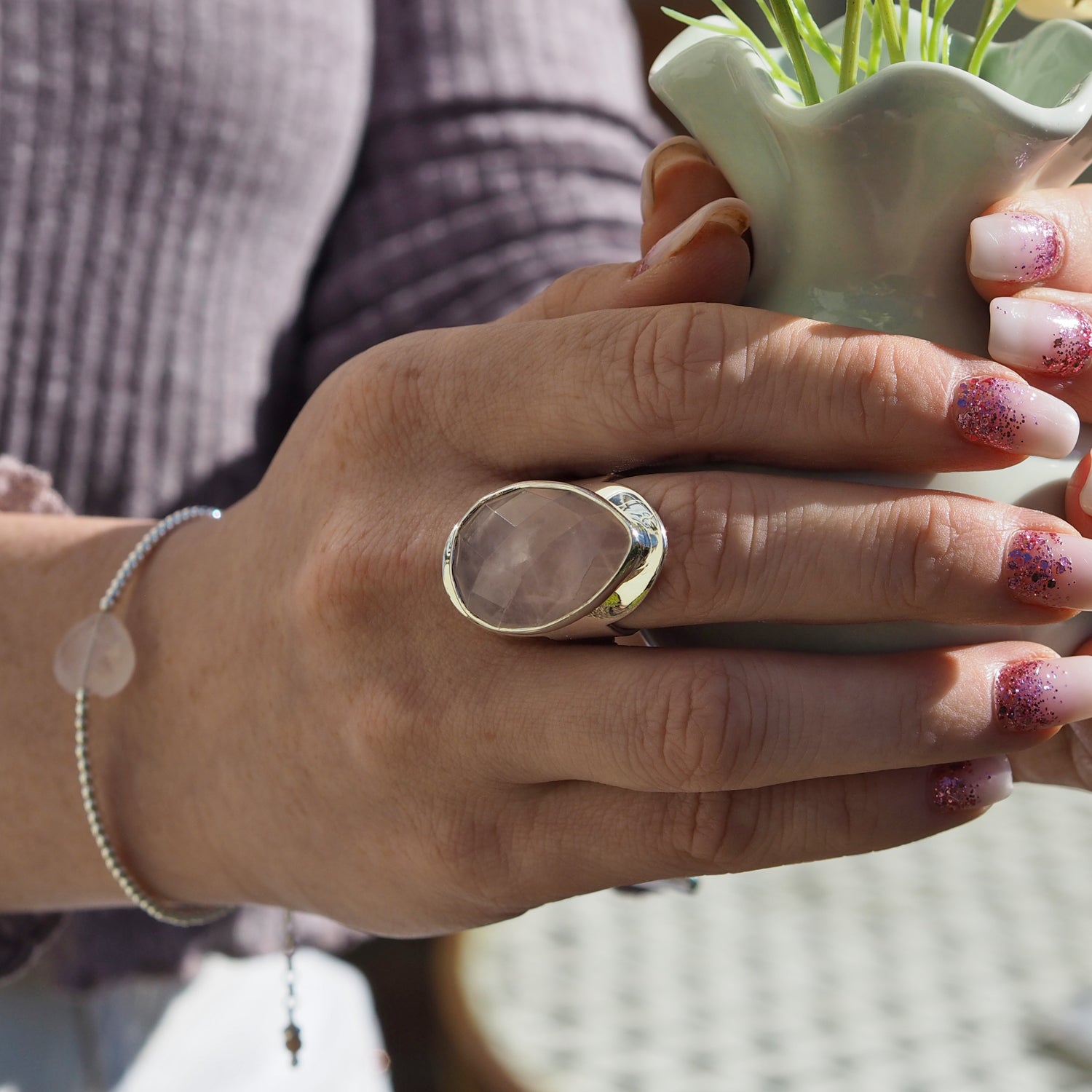 Elegance Teardrop Rose Quartz Large Adjustable Ring