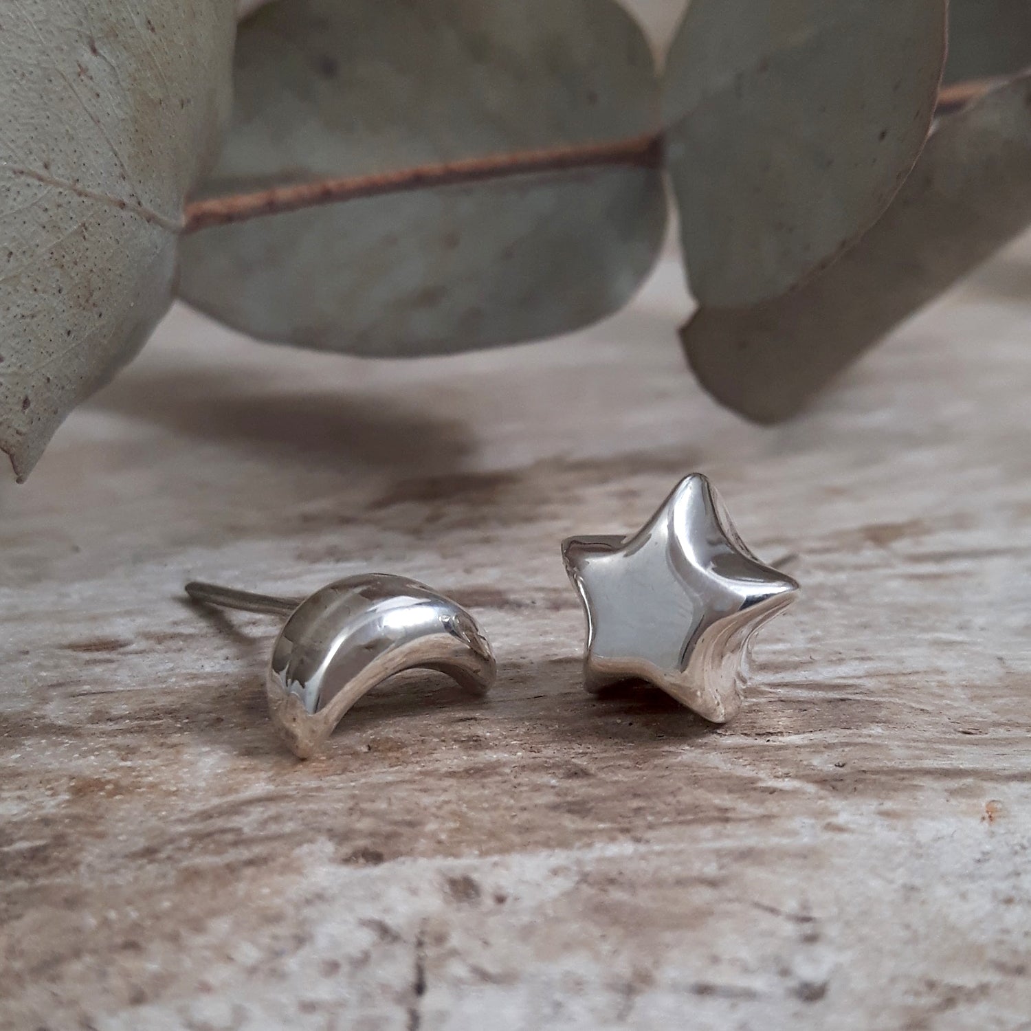 Minimalist Star and Moon Polished Stud Earrings