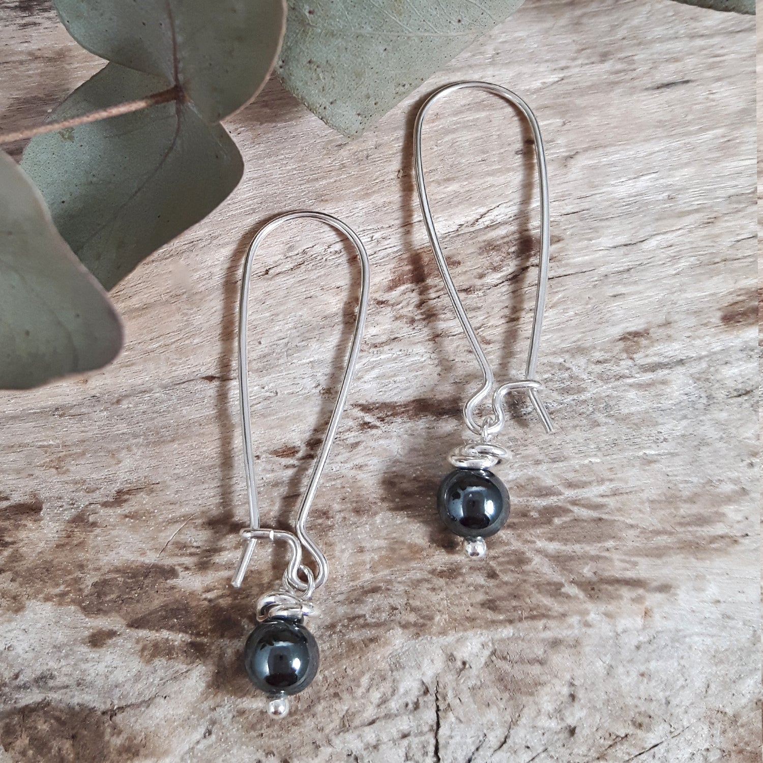 Handcrafted sterling silver drop earrings with hematite beads UK gifts under £40