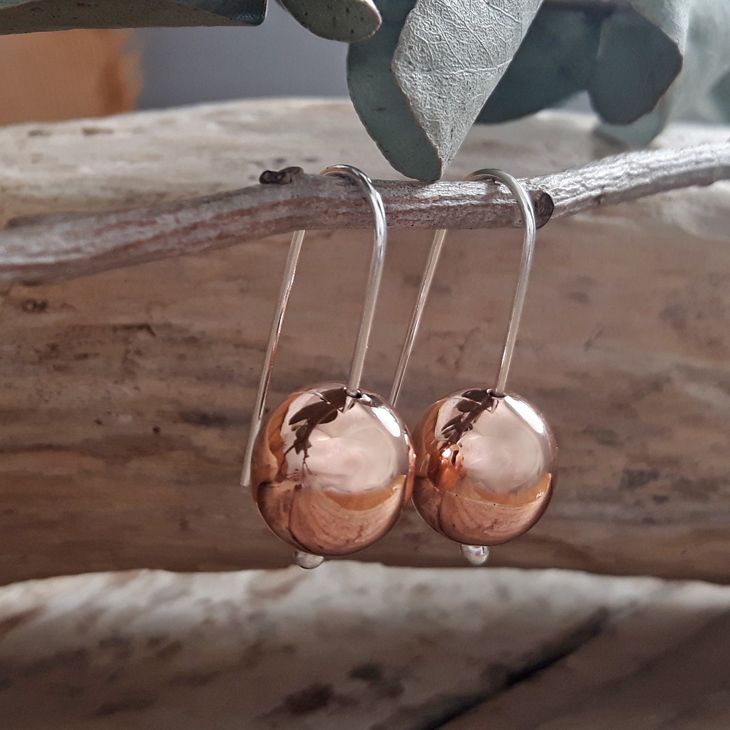Copper earrings hanging from a branch with a natural background