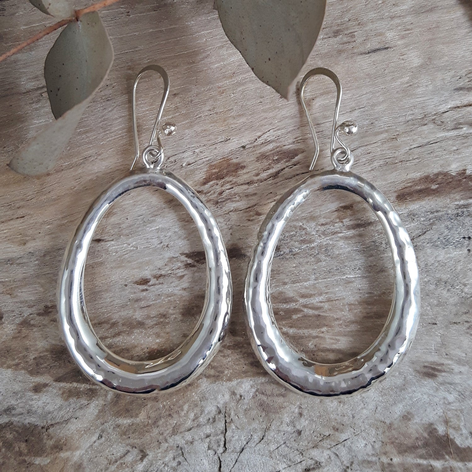 SAMPLE Rowena Oval Hammered Silver Hoop Earrings