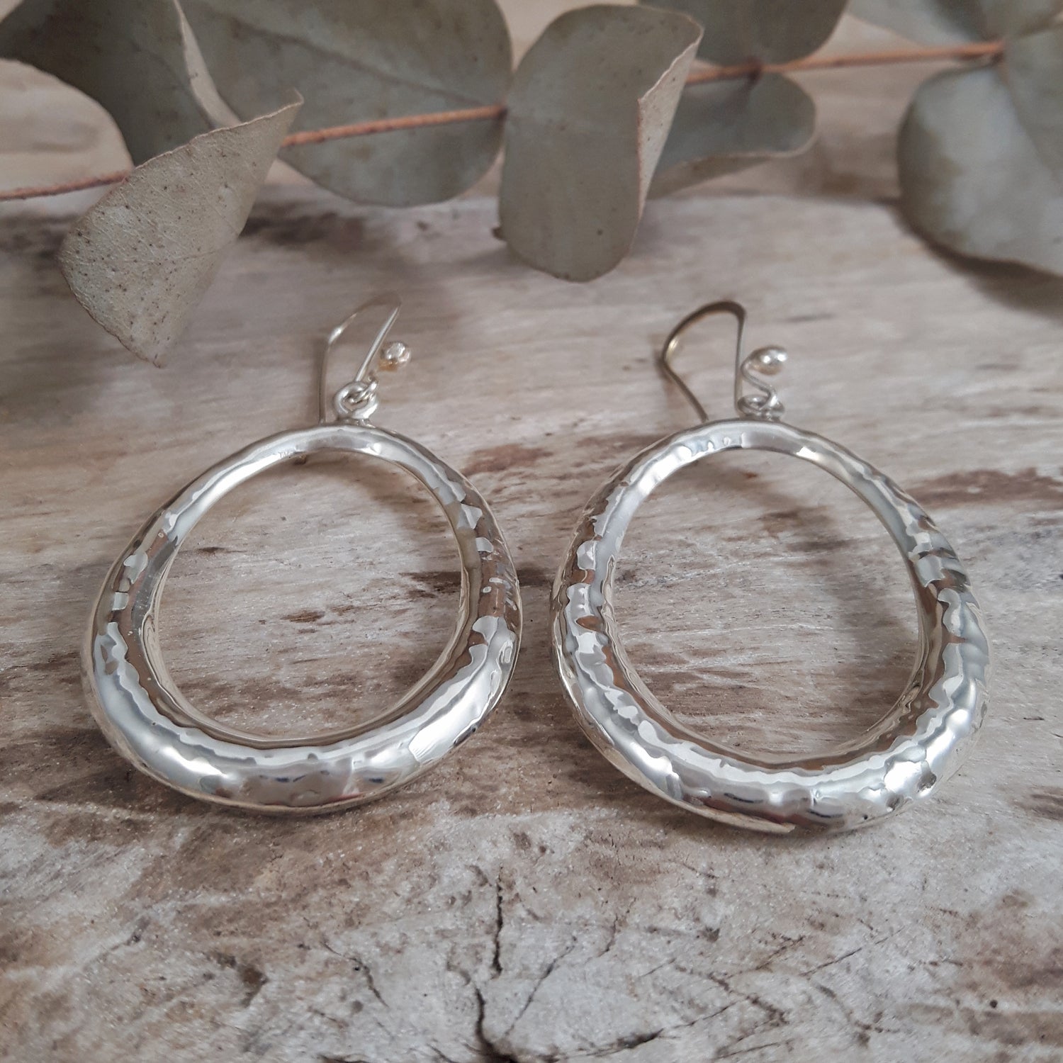 SAMPLE Rowena Oval Hammered Silver Hoop Earrings