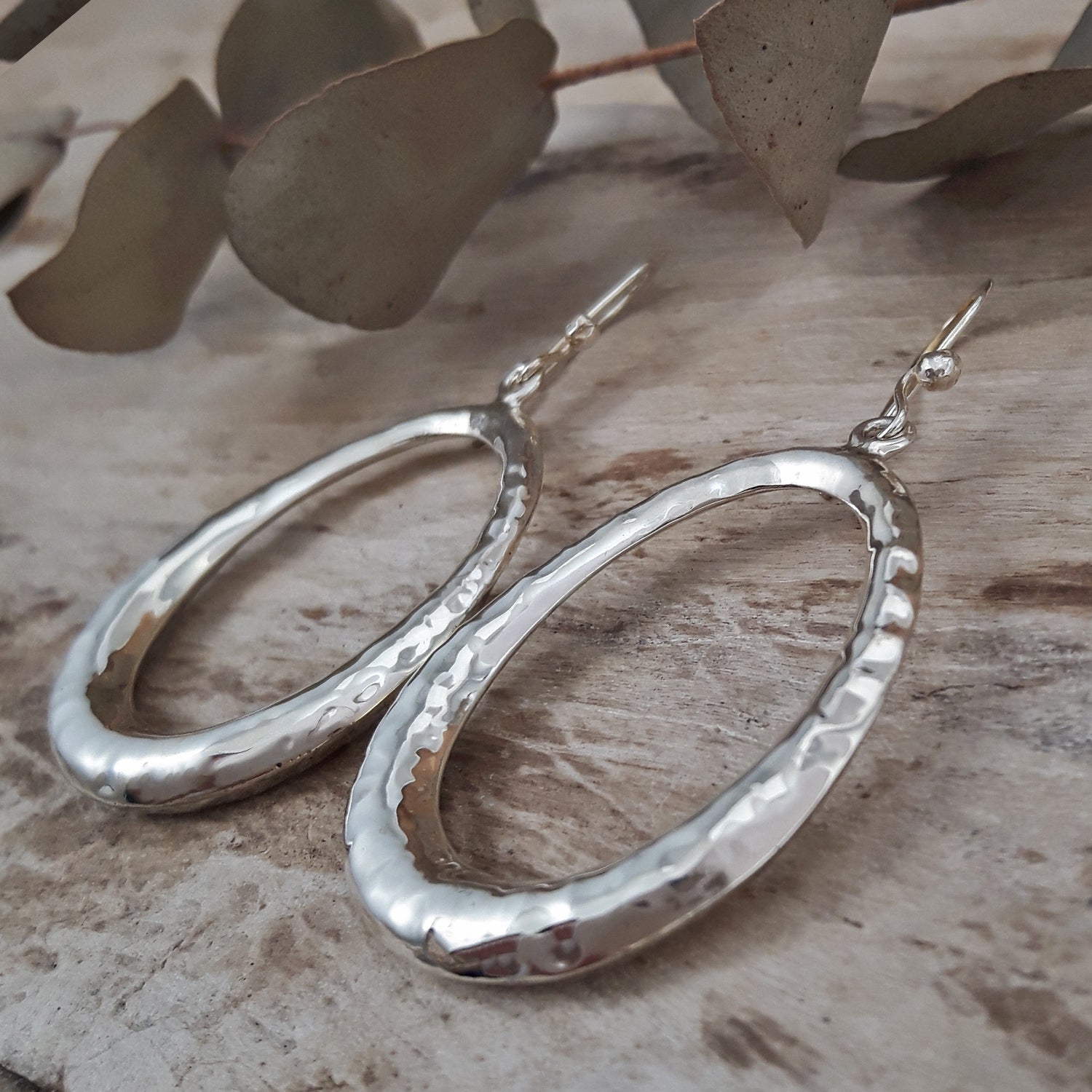SAMPLE Rowena Oval Hammered Silver Hoop Earrings