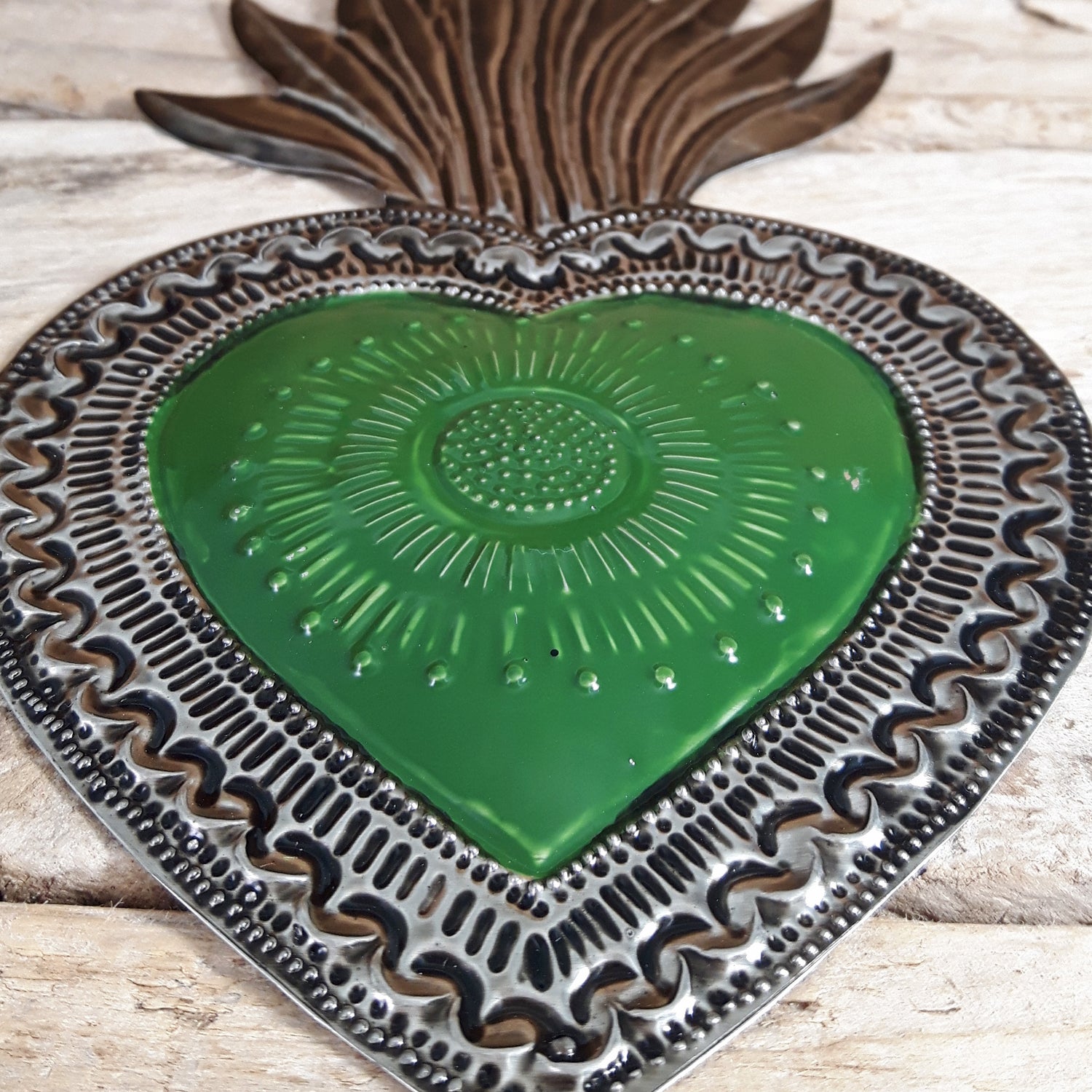 Sacred Heart Green Handcrafted Tin Decorations -A