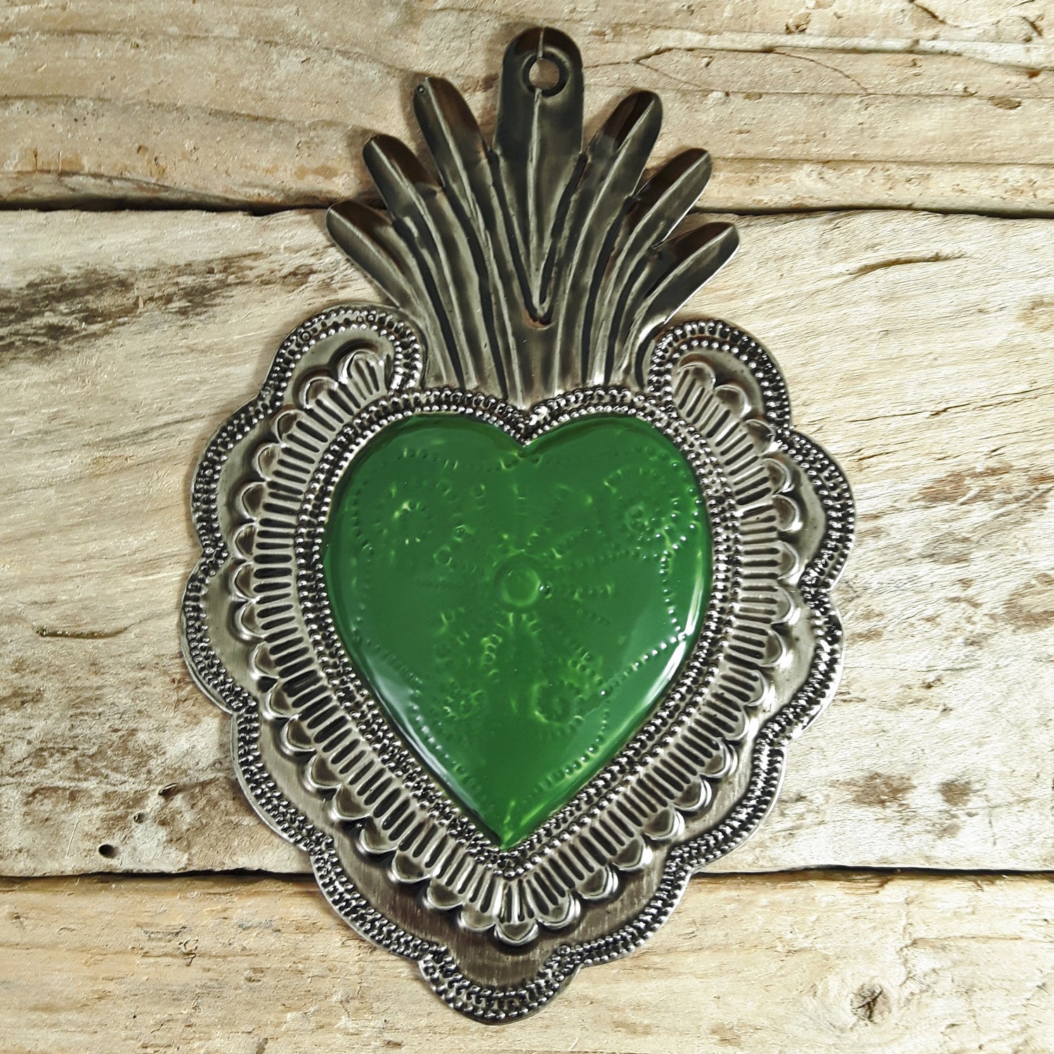 Sacred Heart Green Handcrafted Tin Decorations -B