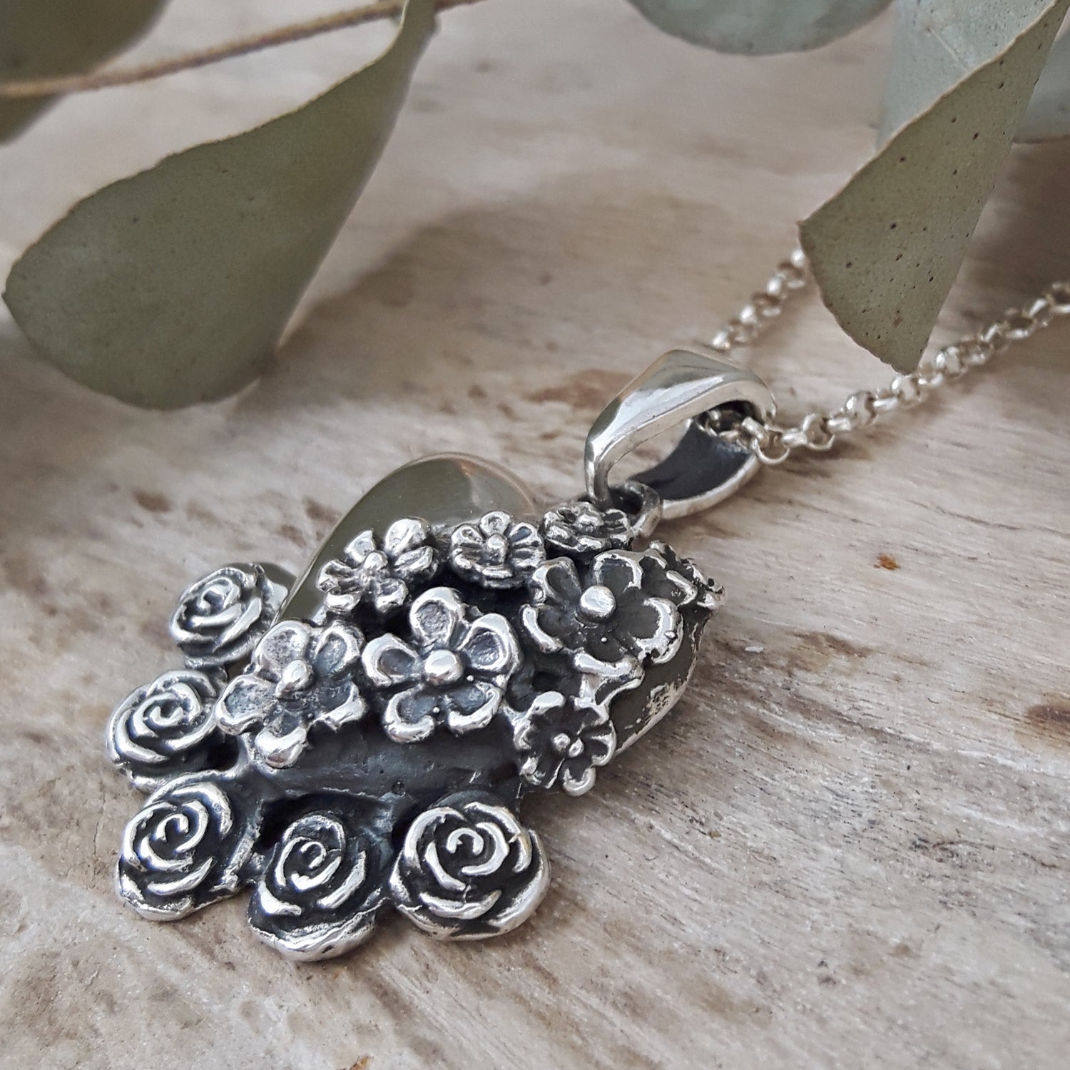 SAMPLE Flower Heart Oxi Sterling Silver Pendant