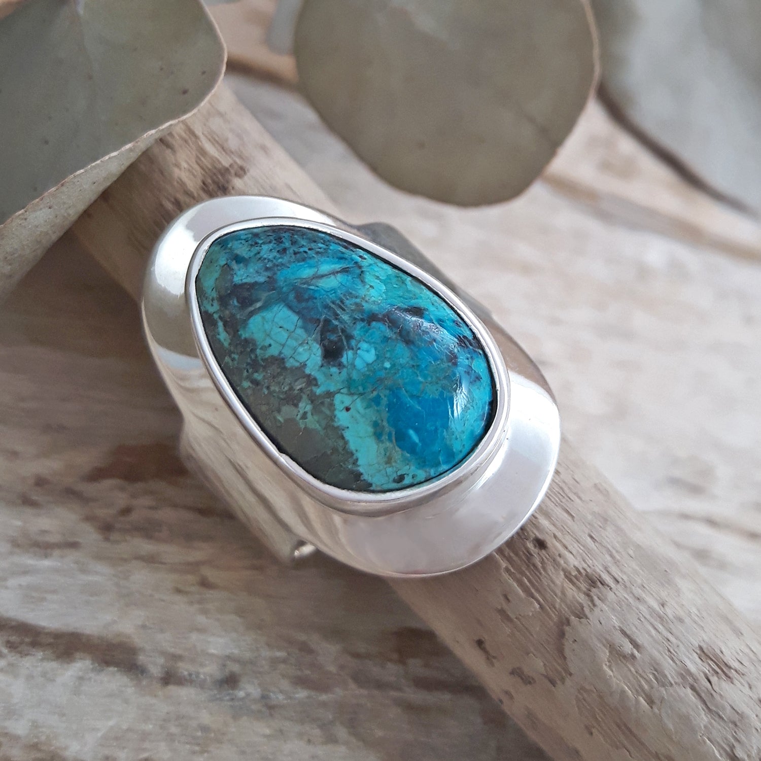 Monet Shattuckite Gemstone Small Adjustable Ring A Set in Sterling Silver