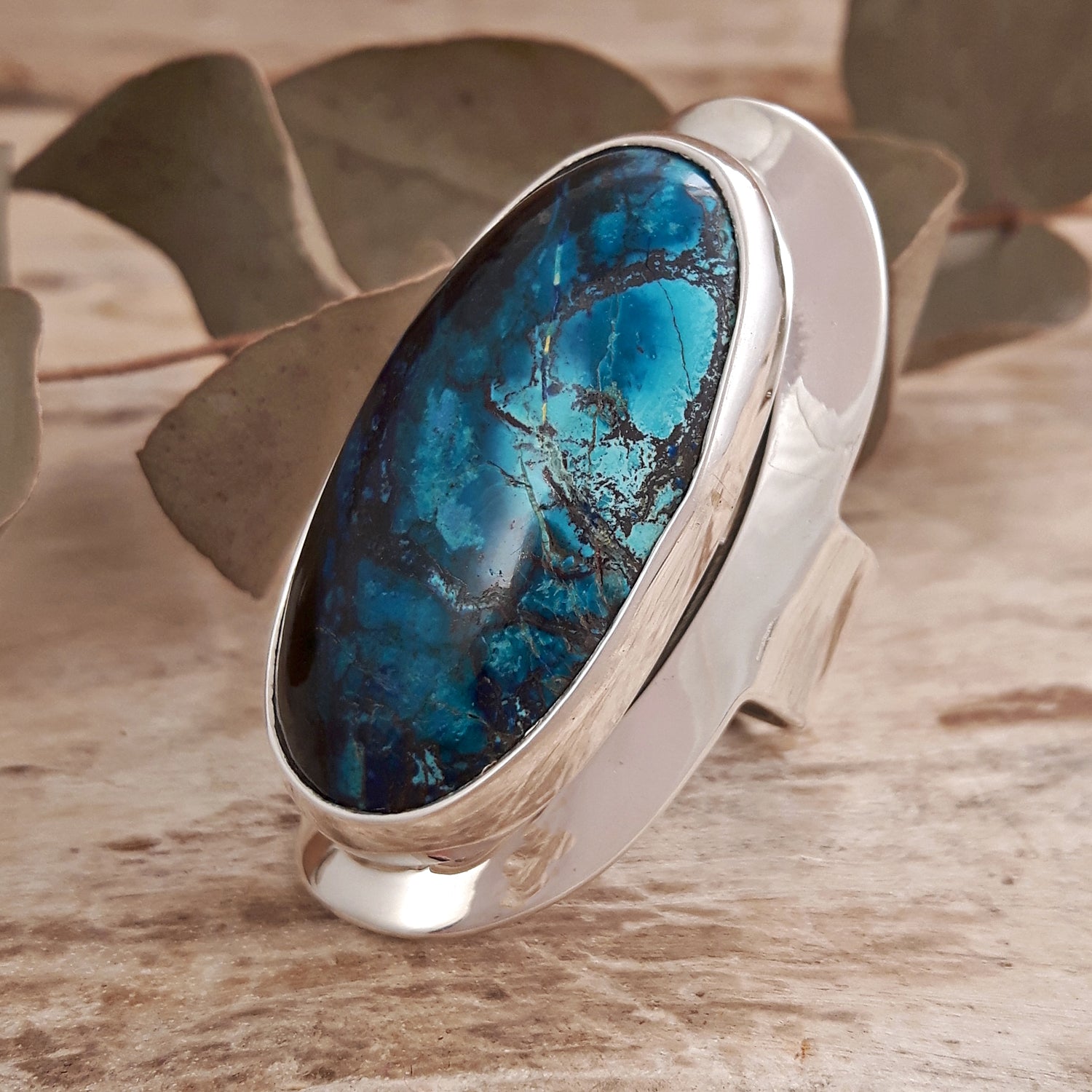 Monet Shattuckite Gemstone Large Adjustable Ring A Set in Sterling Silver