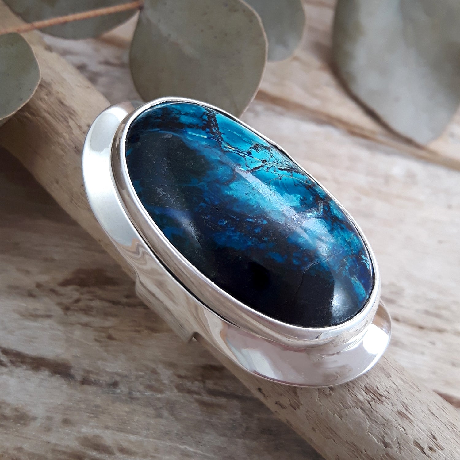 Monet Shattuckite Gemstone Large Adjustable Ring A Set in Sterling Silver