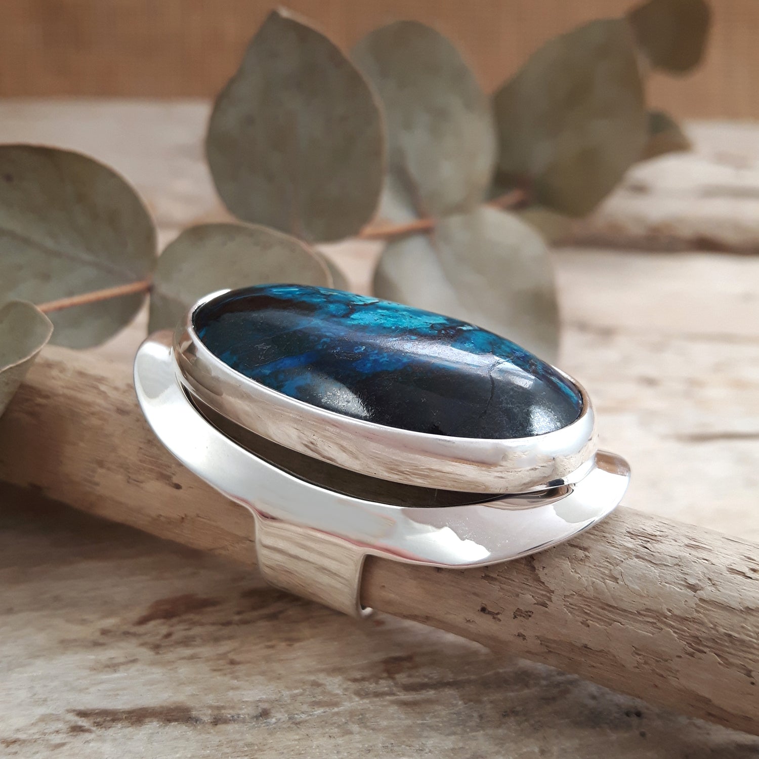 Monet Shattuckite Gemstone Large Adjustable Ring A Set in Sterling Silver