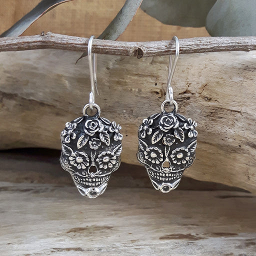 Sugar Skull Sterling Silver Drop Earrings