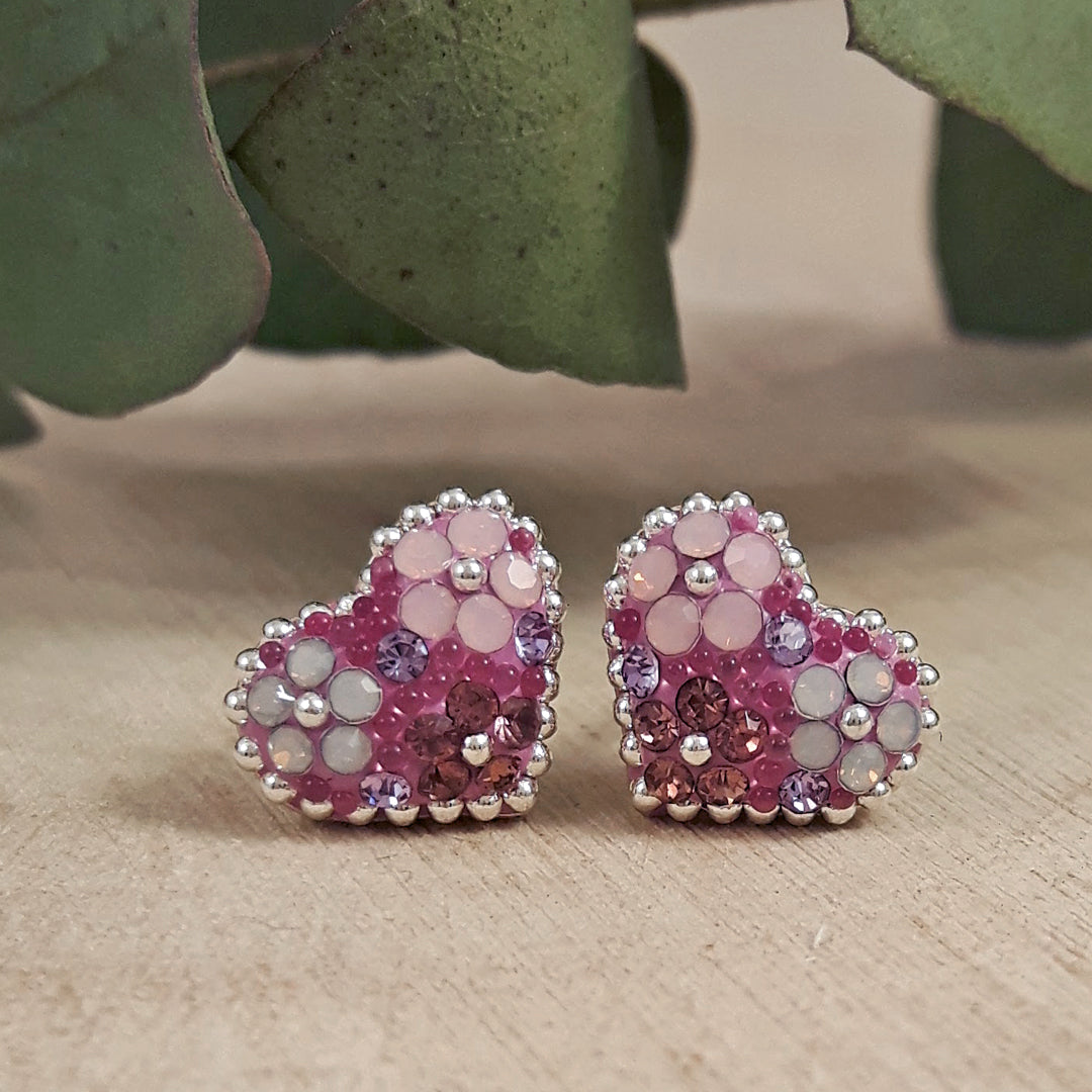 lilac dream heart stud earrings sterling silver opalescent crystals