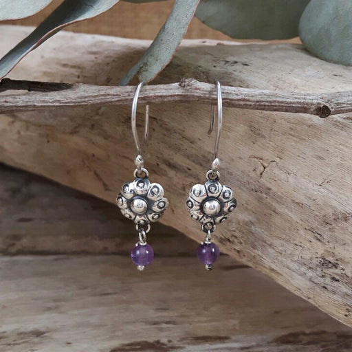 Bloom Flower Silver & Amethyst Drop Earrings