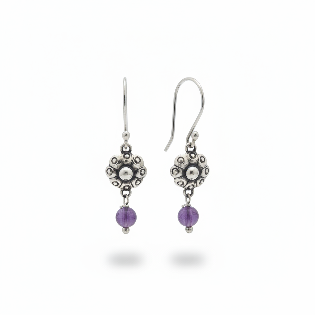 Bloom Flower Silver & Amethyst Drop Earrings