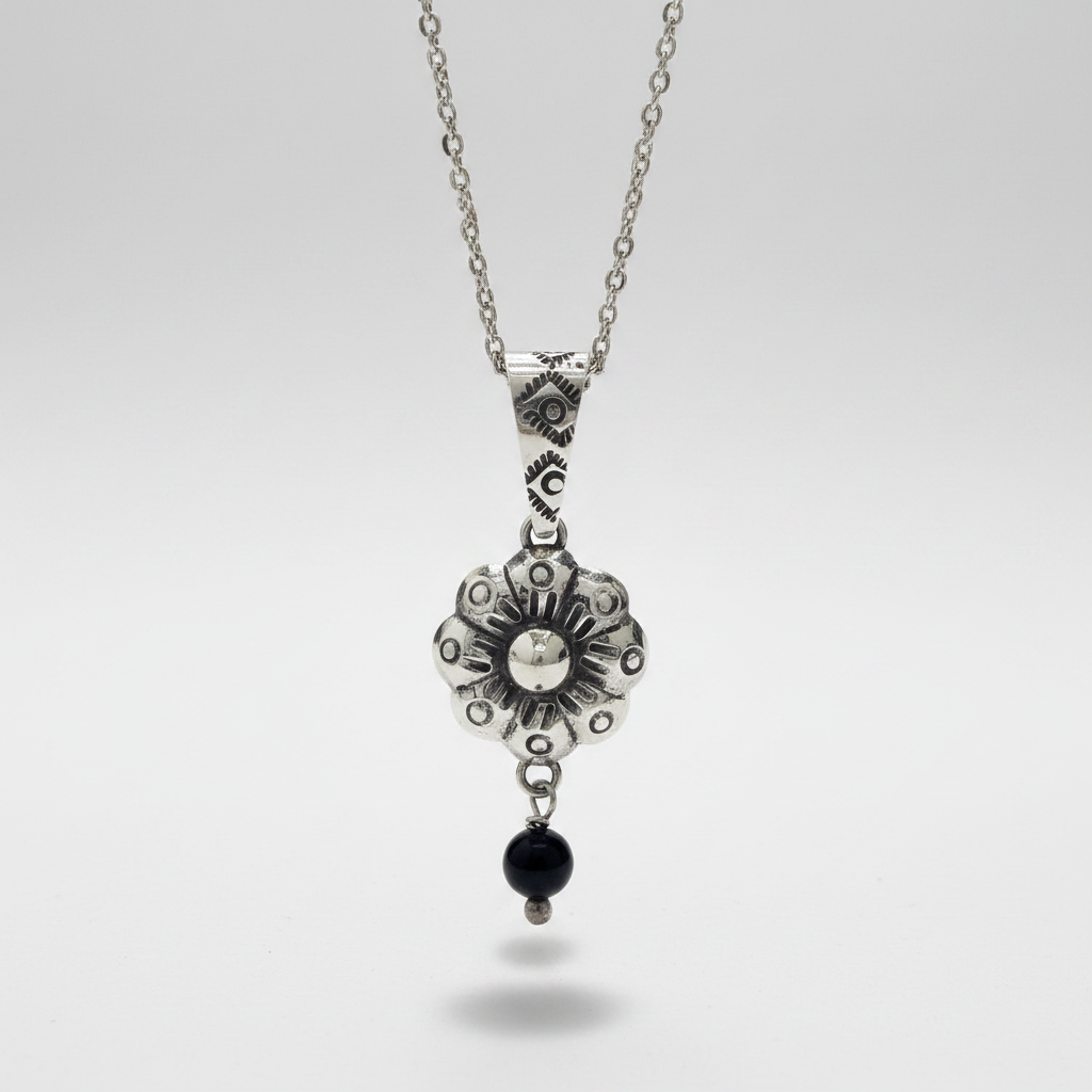 Bloom Flower Silver & Black Pendant
