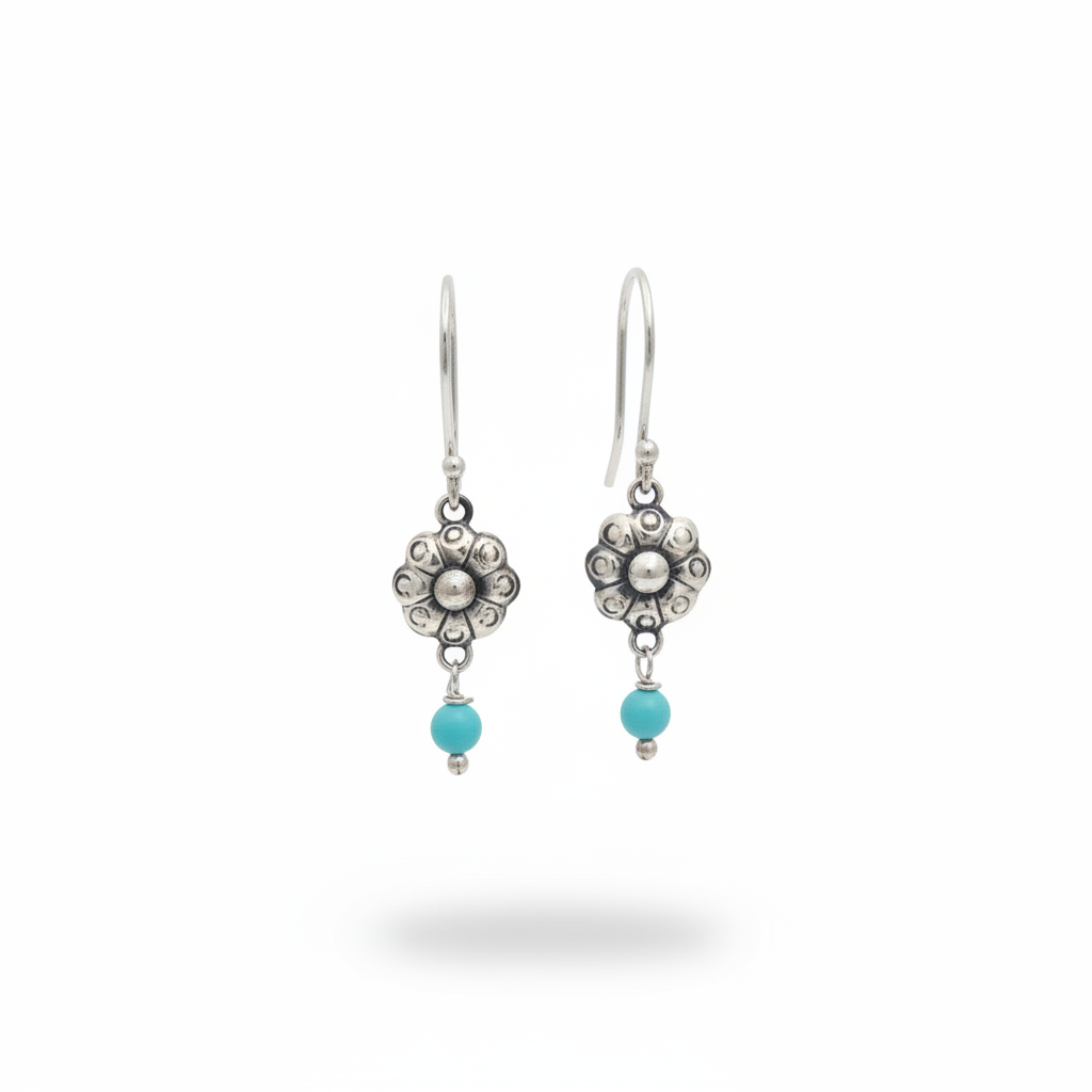Bloom Flower Silver & Turquoise Drop Earrings