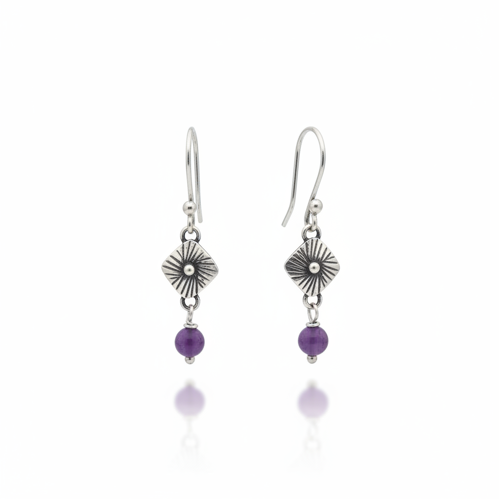 Bloom Rombo Silver & Amethyst Drop Earrings