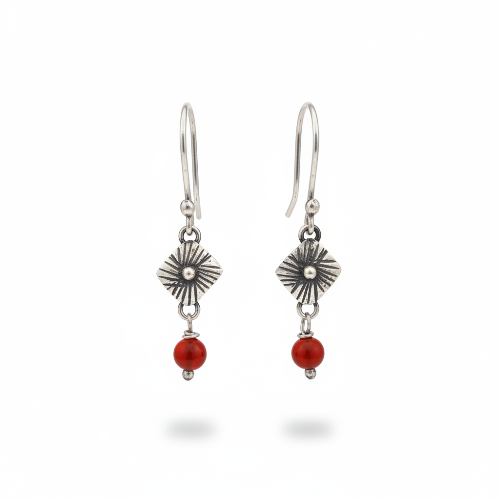 Bloom Rombo Silver & Red Drop Earrings