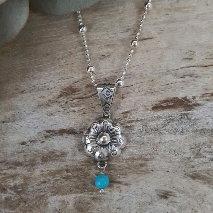 Bloom Flower Silver & Turquoise Pendant