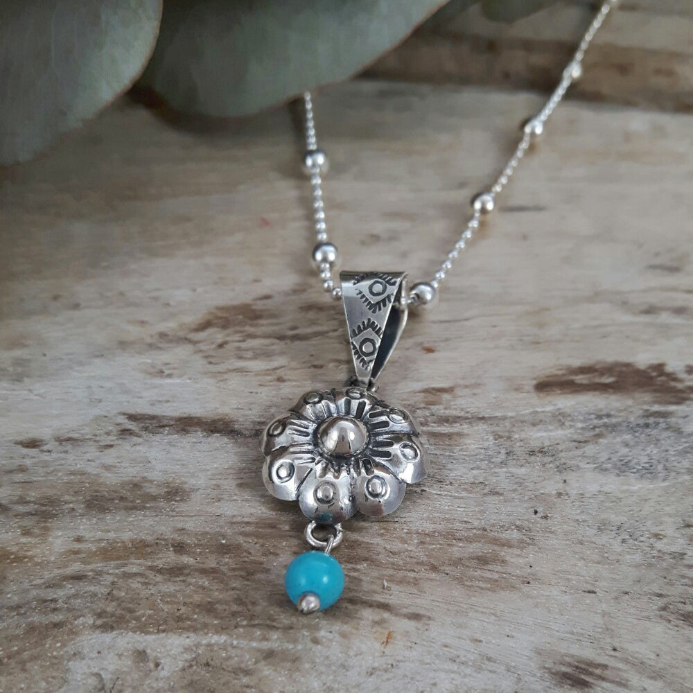 Bloom Flower Silver & Turquoise Pendant