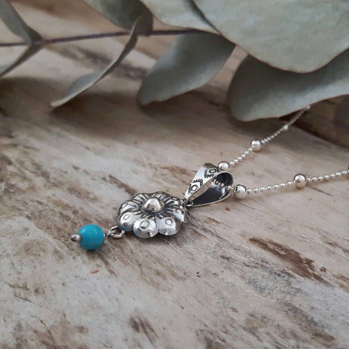 Bloom Flower Silver & Turquoise Pendant