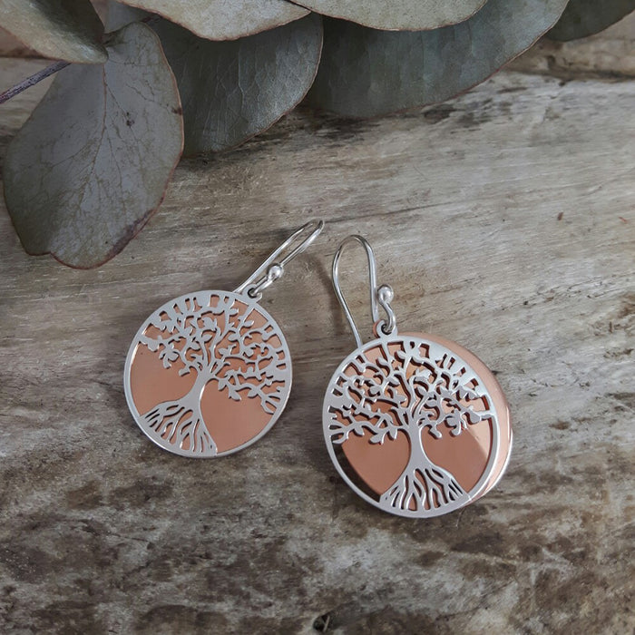 Celtic Tree Of Life Silver/Copper Drop Earrings