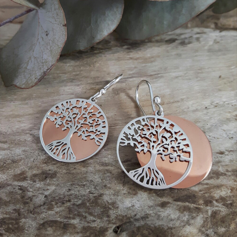 Celtic Tree Of Life Silver/Copper Drop Earrings