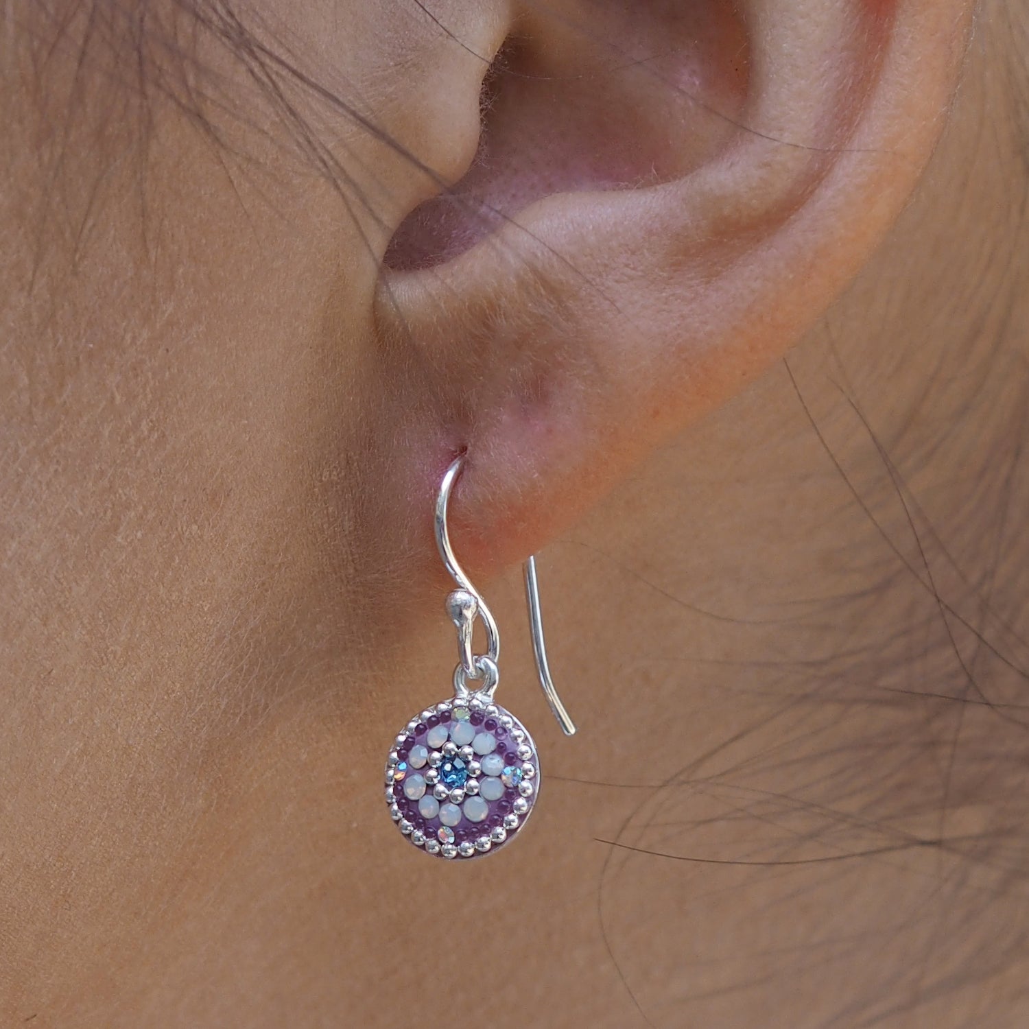 close up lilac drop earrings micro bead detail