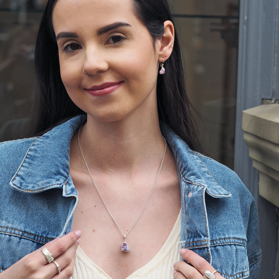 lilac heart drop earrings worn with matching pendant