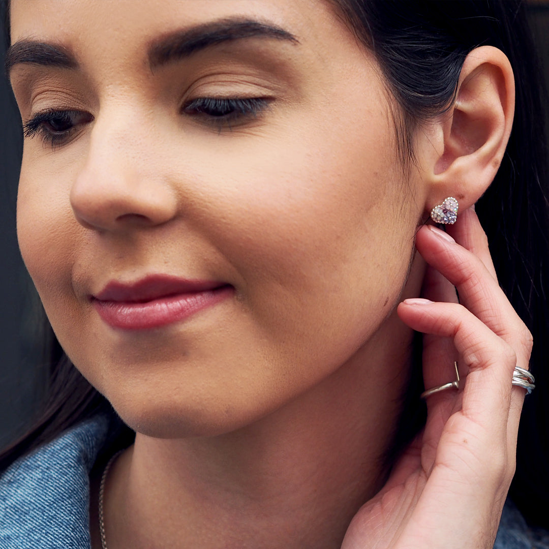 lilac heart studs worn on ear everyday jewellery