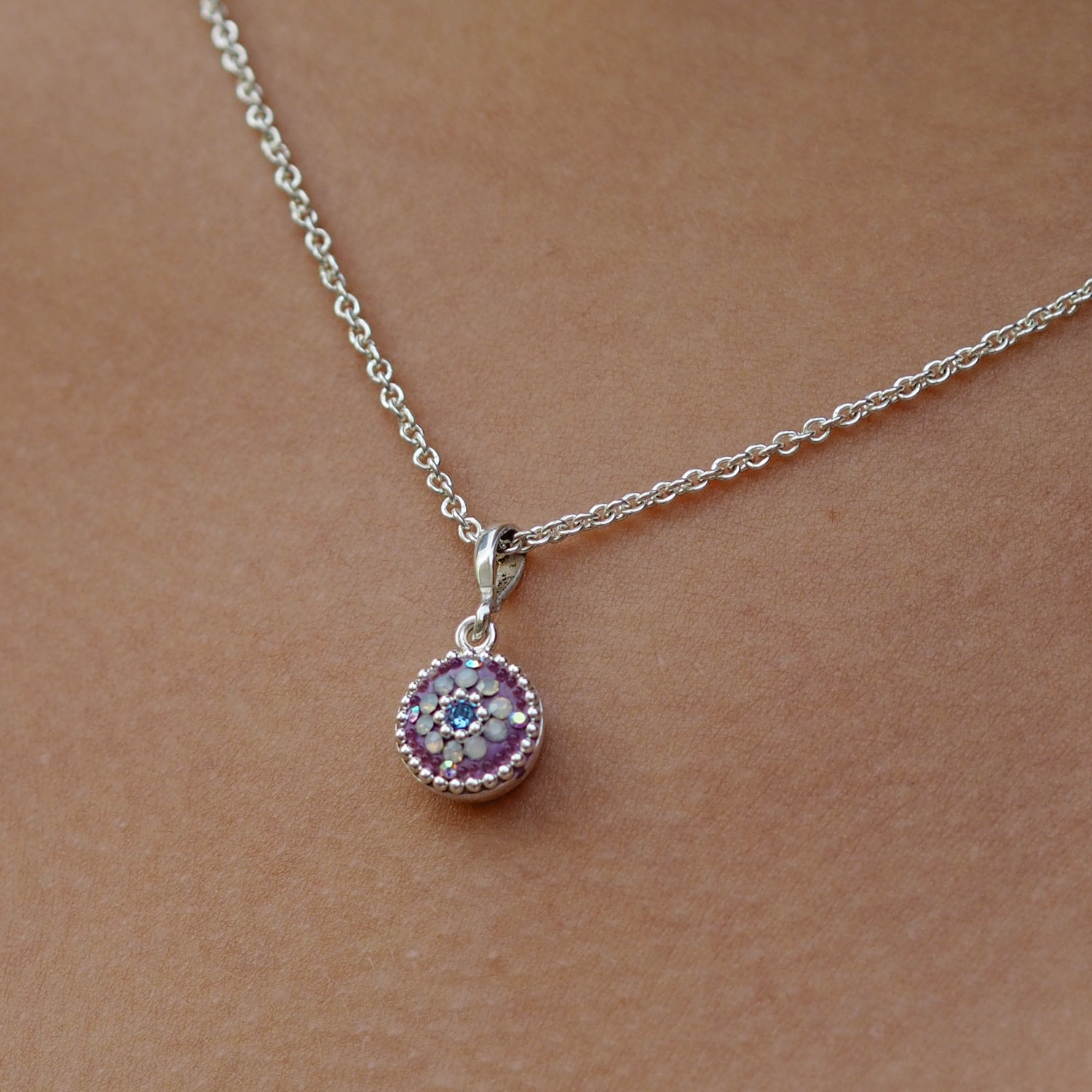 lilac pendant worn necklace layering