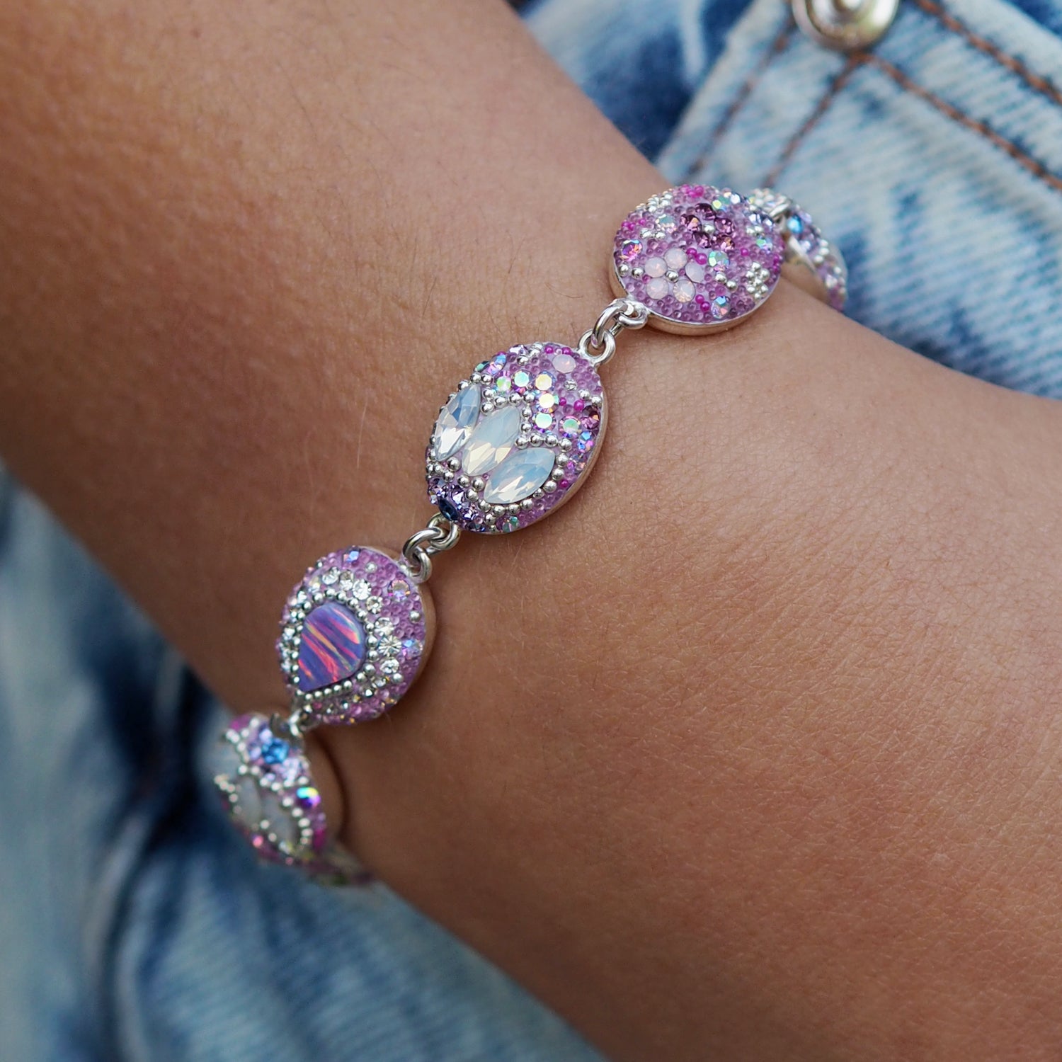 lilac statement bracelet worn on wrist