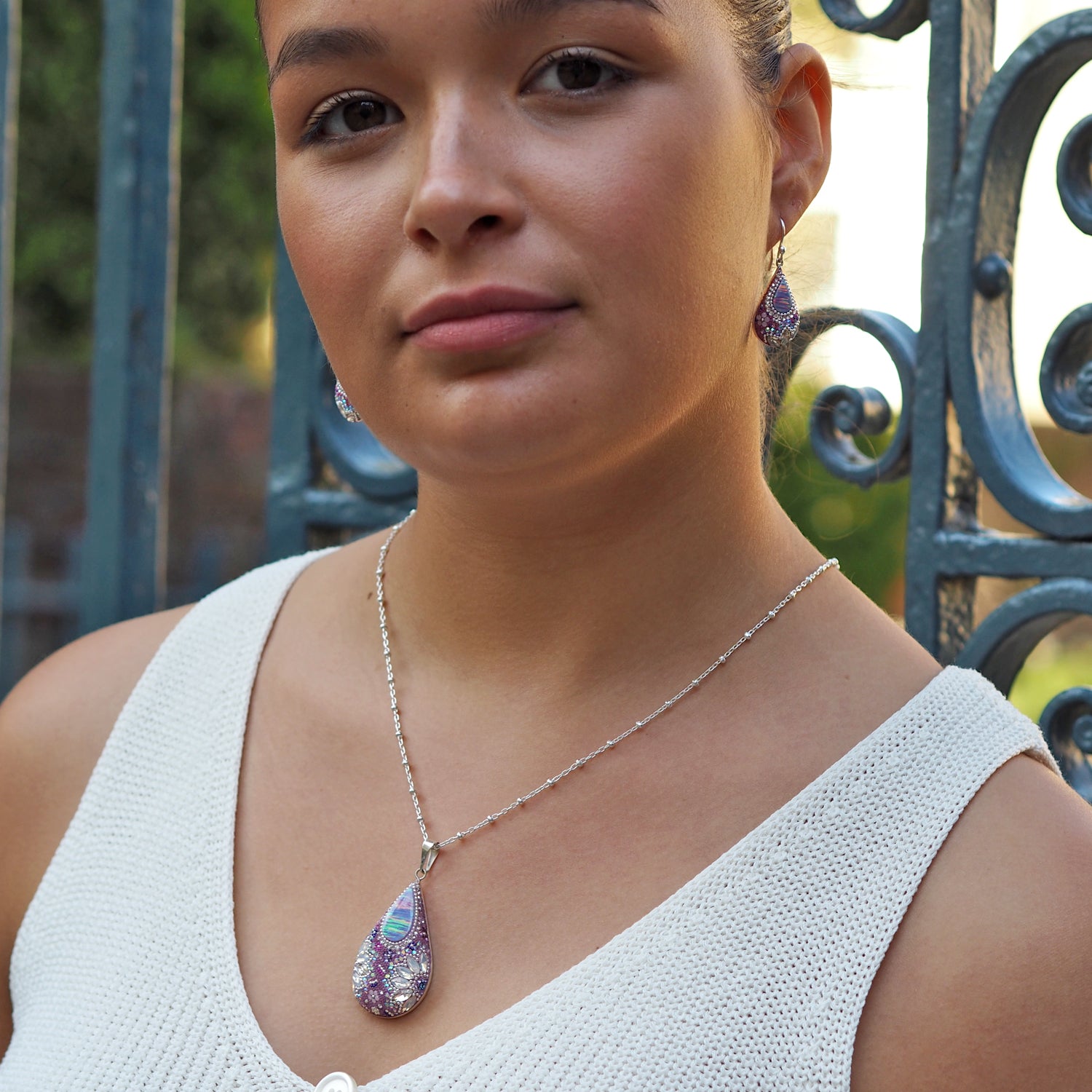 lilac pendant earrings worn necklace statement jewellery

