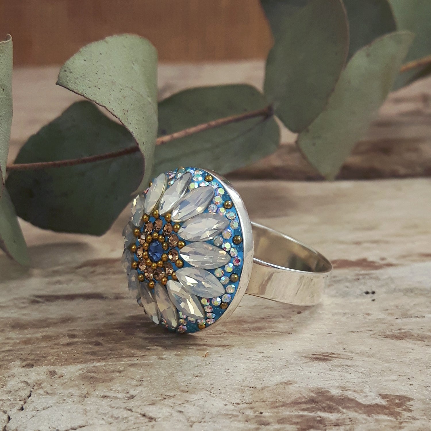 turquoise daisy disc adjustable ring sterling silver handmade side view