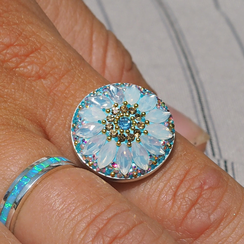 close up daisy disc ring crystal and micro bead detail
