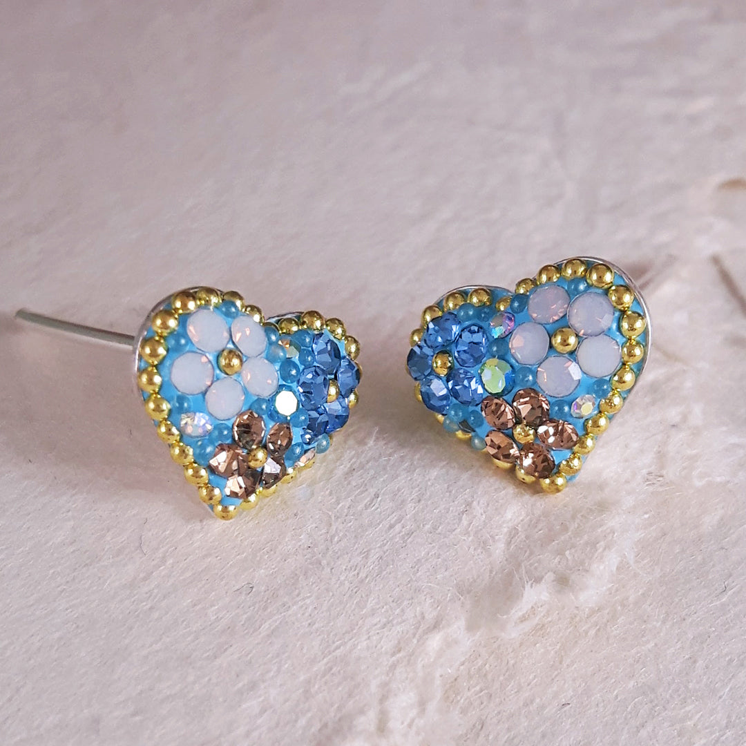 close up heart daisy stud earrings micro bead and crystal detail