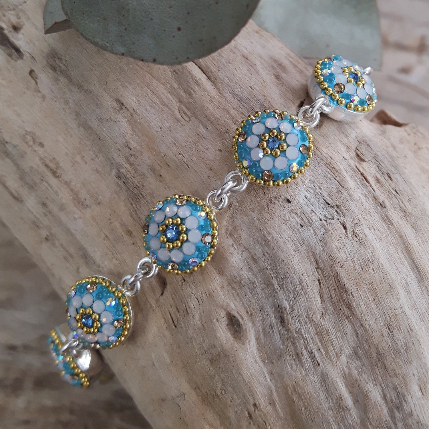 linked round daisy bracelet turquoise floral design sterling silver